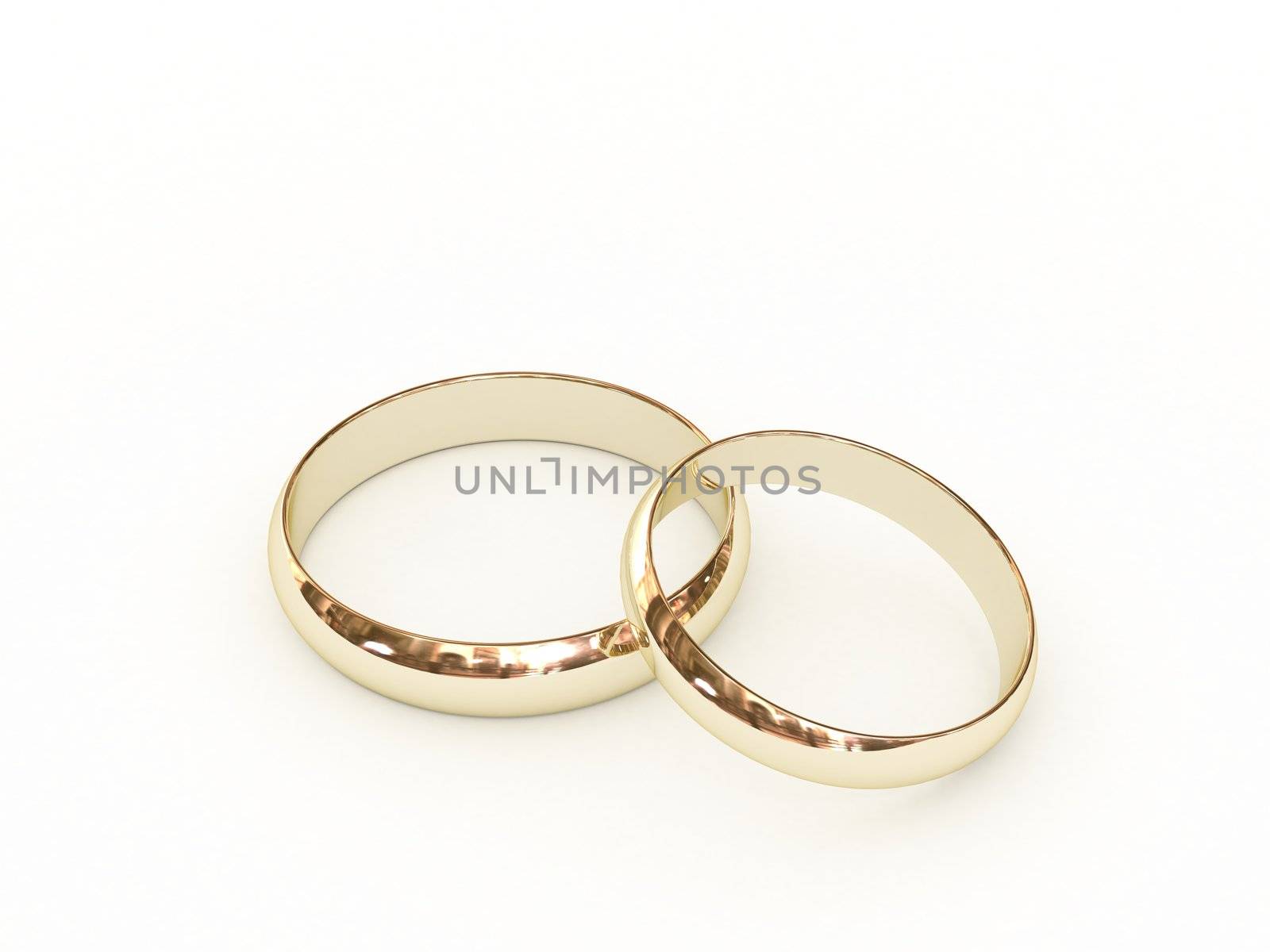 Gold wedding rings on white background. High resolution 3D image.