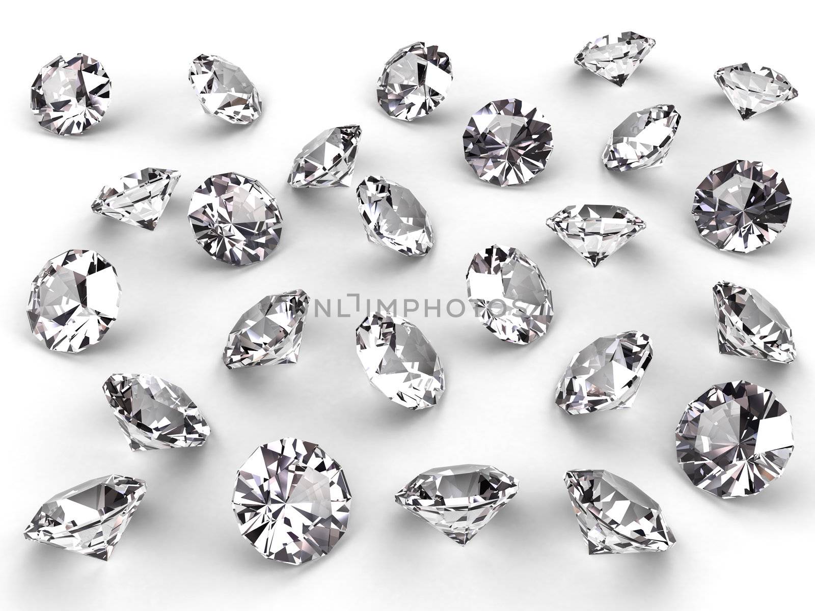 Several diamonds with realistic soft shadows on white. High resolution 3D image