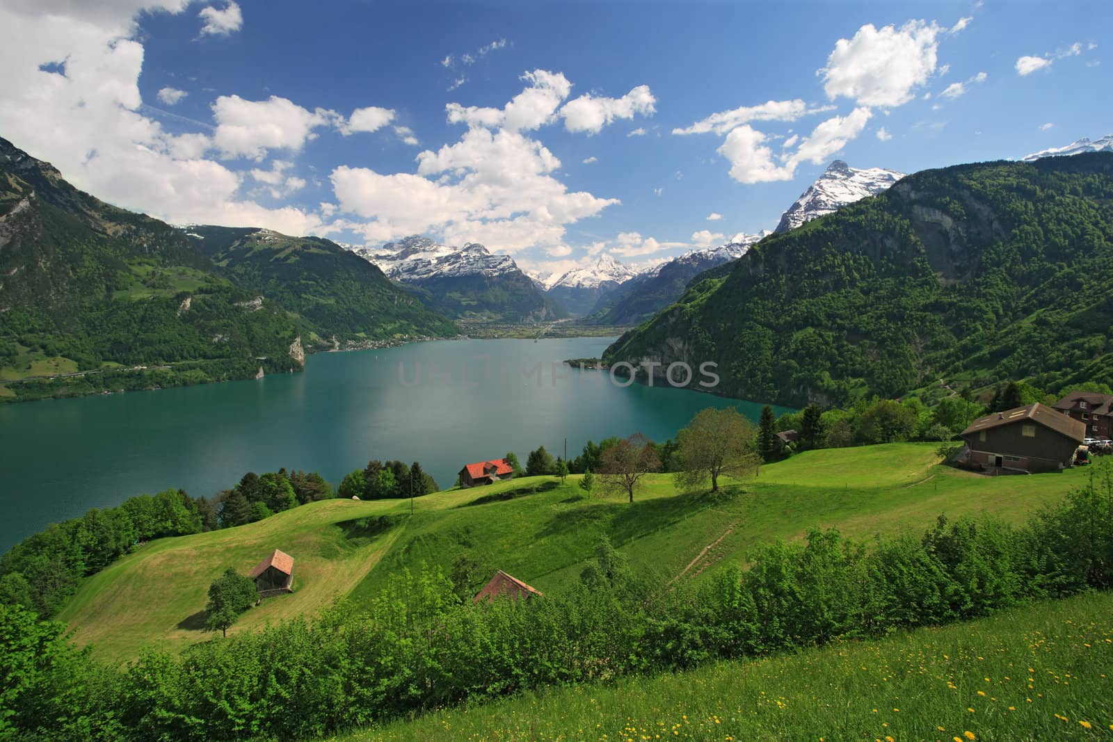 Looking over fields, farms and Lake Lucerne in Switzerland.