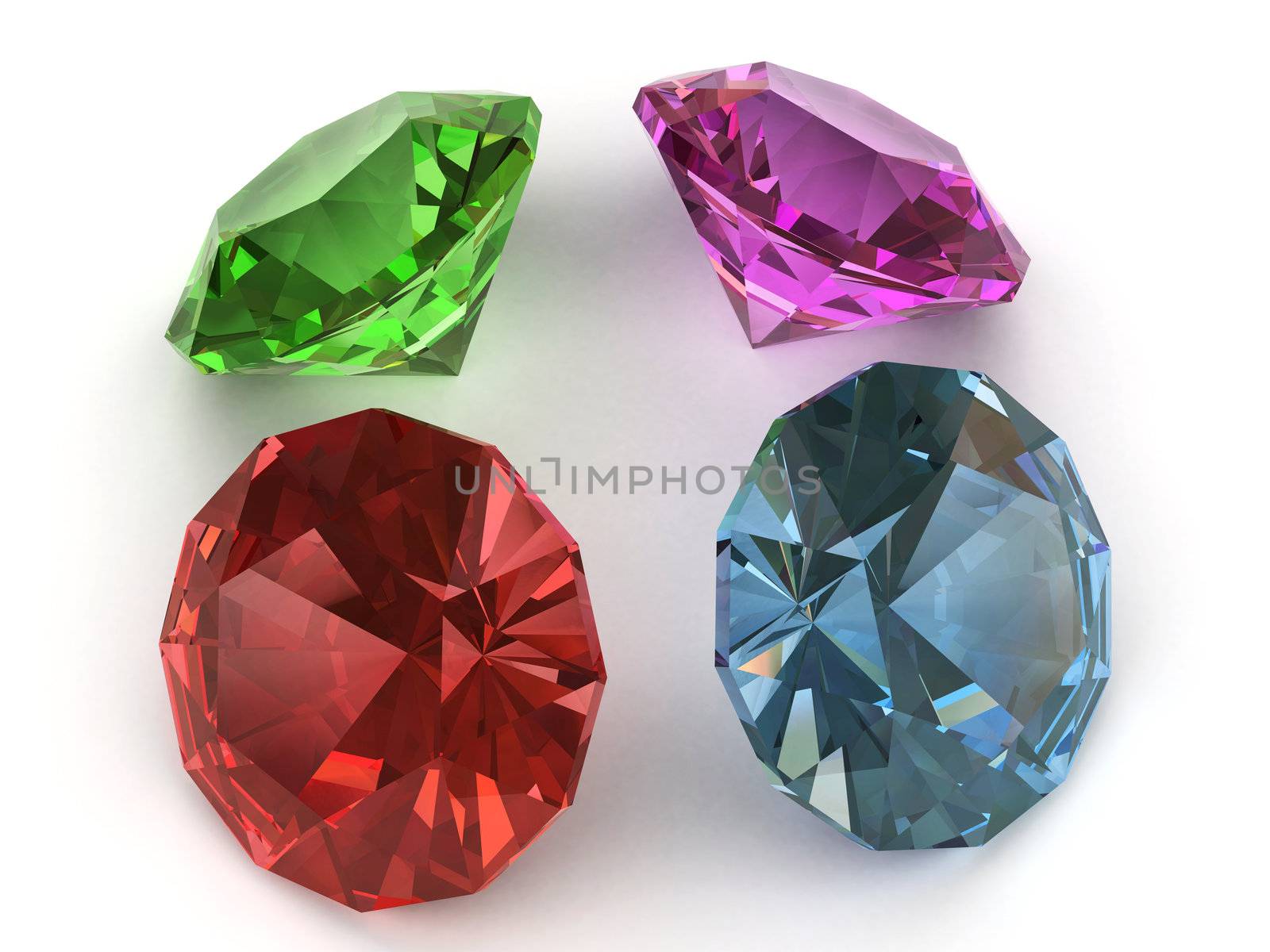 Multi-coloured faceted gemstones. Side view. High resolution 3D image