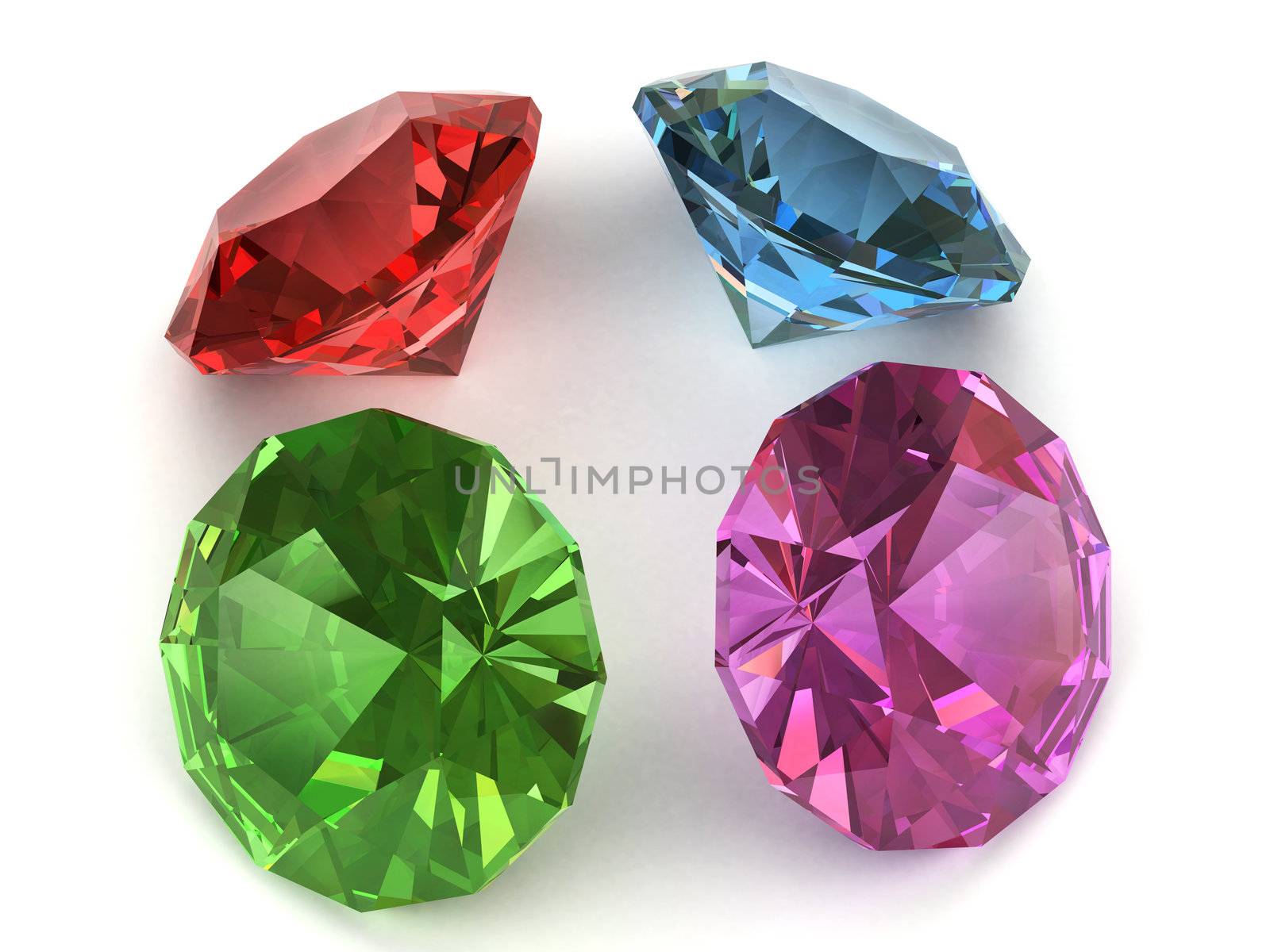 Multi-coloured faceted gemstones. Side view. High resolution 3D image