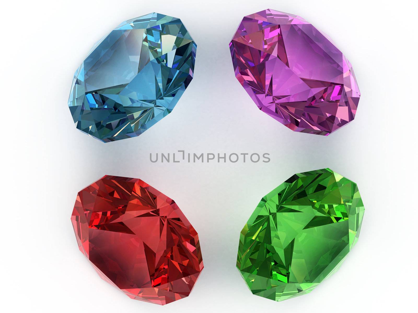 Multi-coloured faceted gemstones. Top view. High resolution 3D image