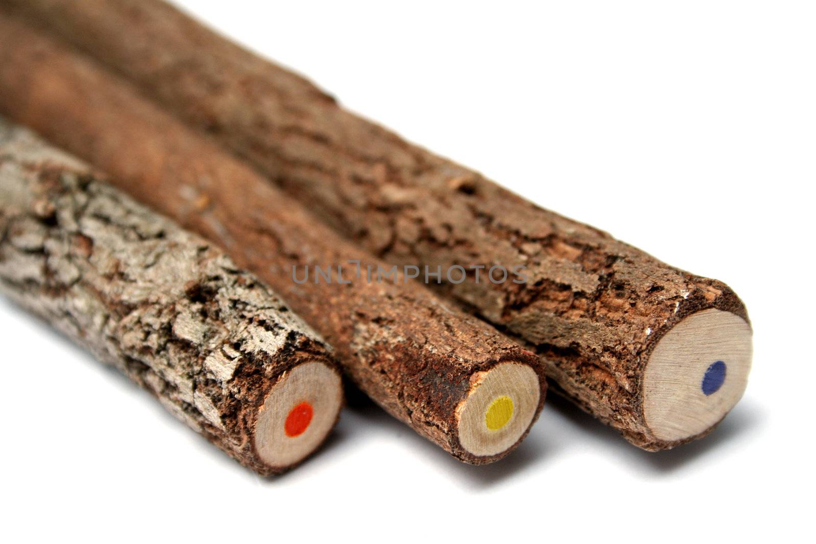Three unusual pencils made of branches of a tree with a multi-coloured core on a diagonal