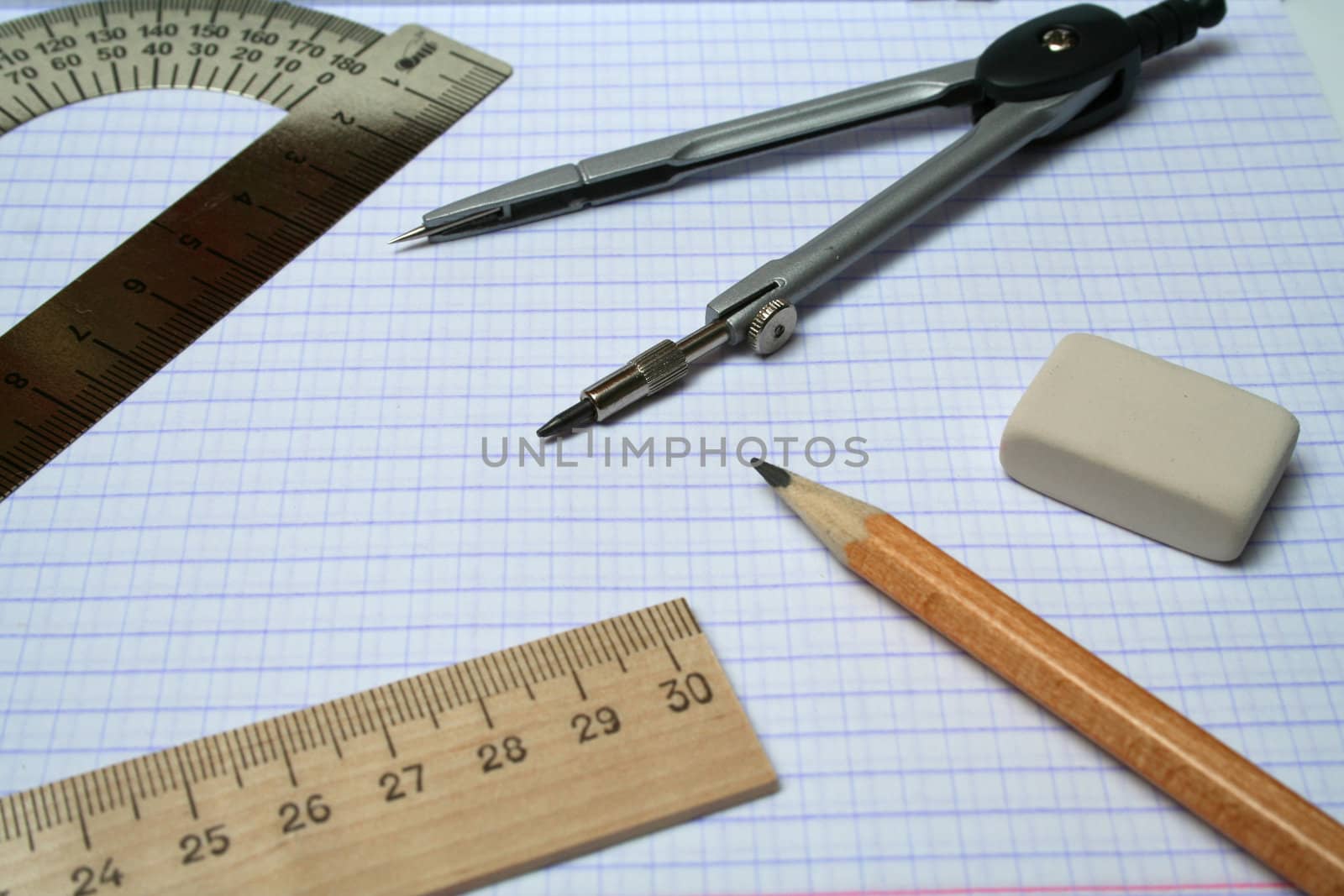 Compasses, pencil, eraser and rulers on squared paper