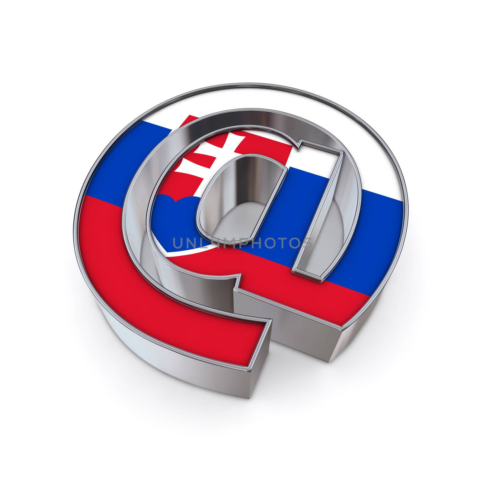 silver shiny chrome @-symbol on white background with Slovakia-flag texture