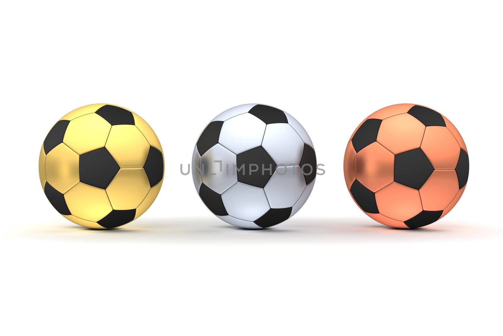 three footballs/soccer balls in a line - gold, silver, bronze