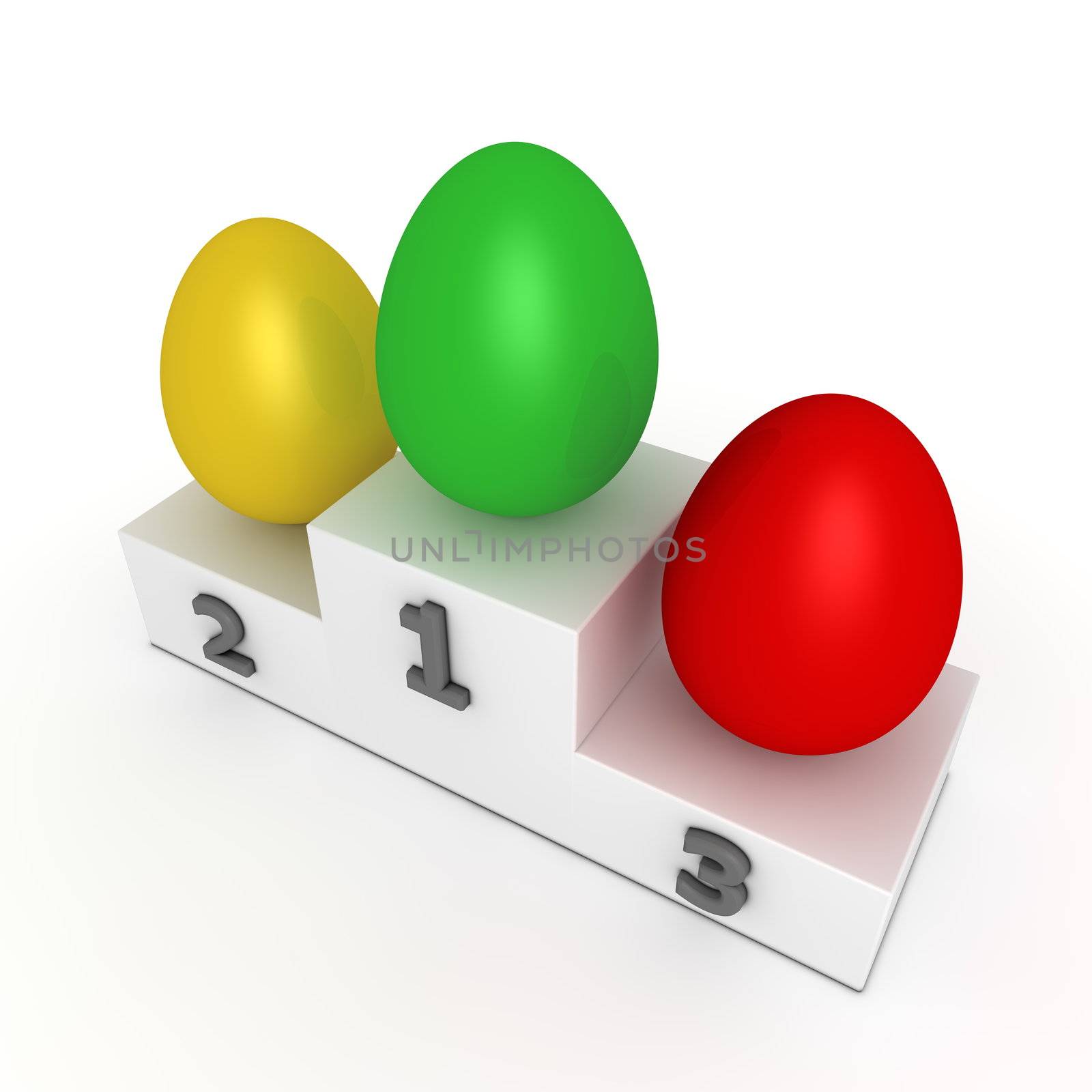 victroy podium with three eggs in green, yellow, red