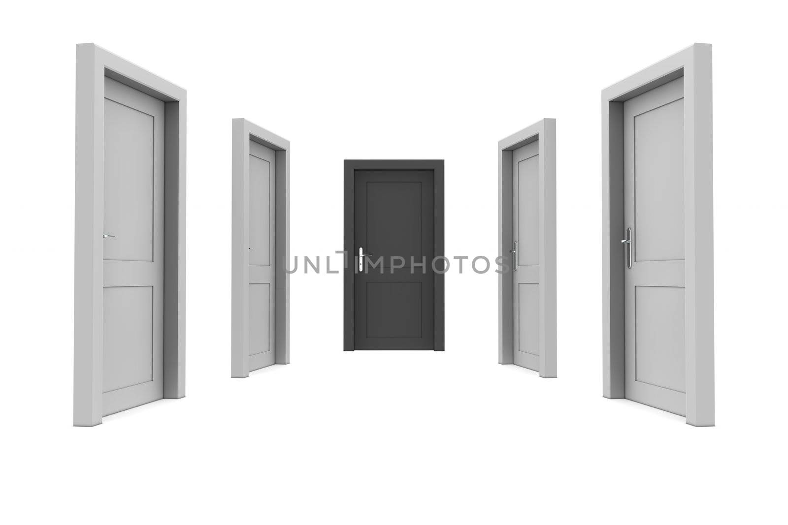 abstract hallway with closed gray doors - one closed black door at the end of the corridor