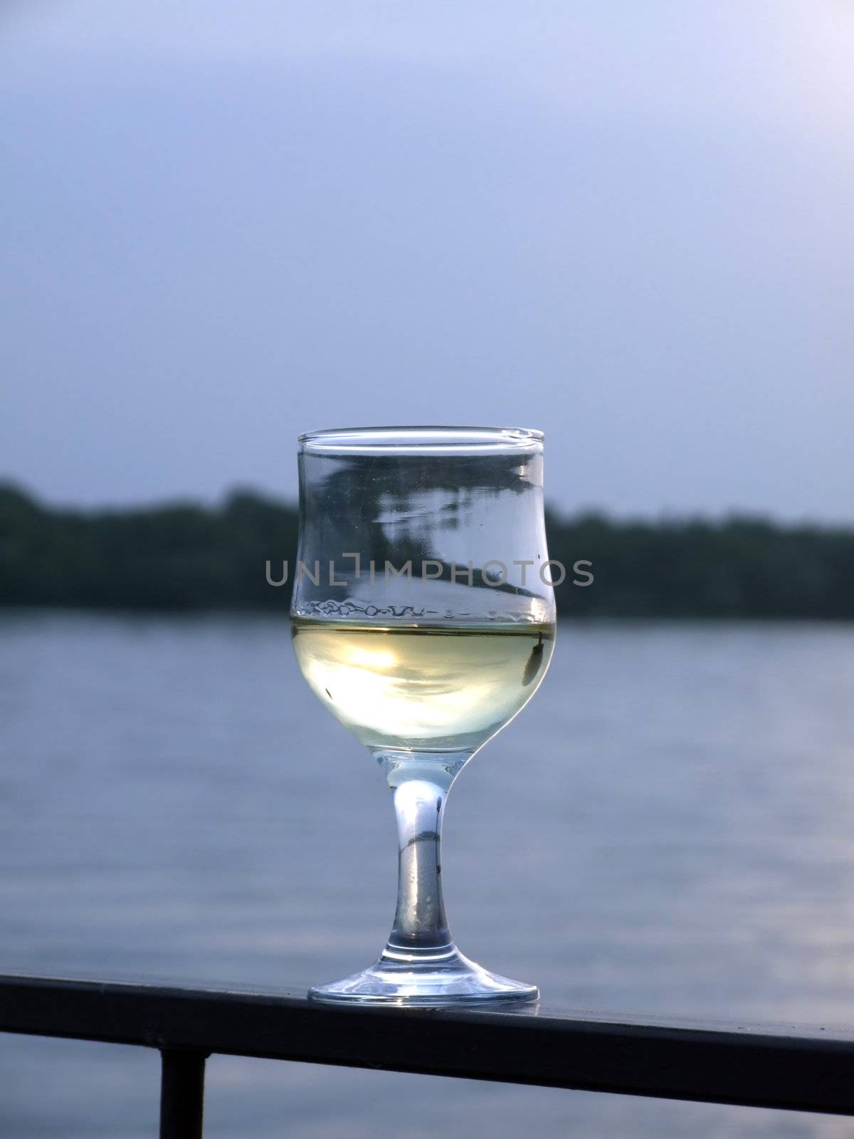 Glass of white wine on a background of the river by acidgrey