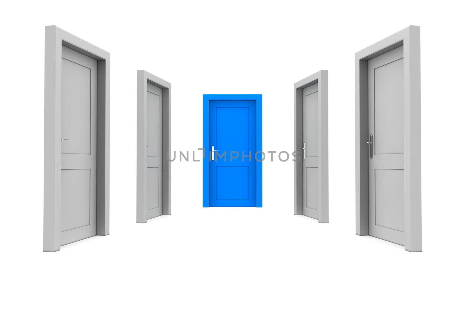 abstract hallway with closed gray doors - one closed blue door at the end of the corridor