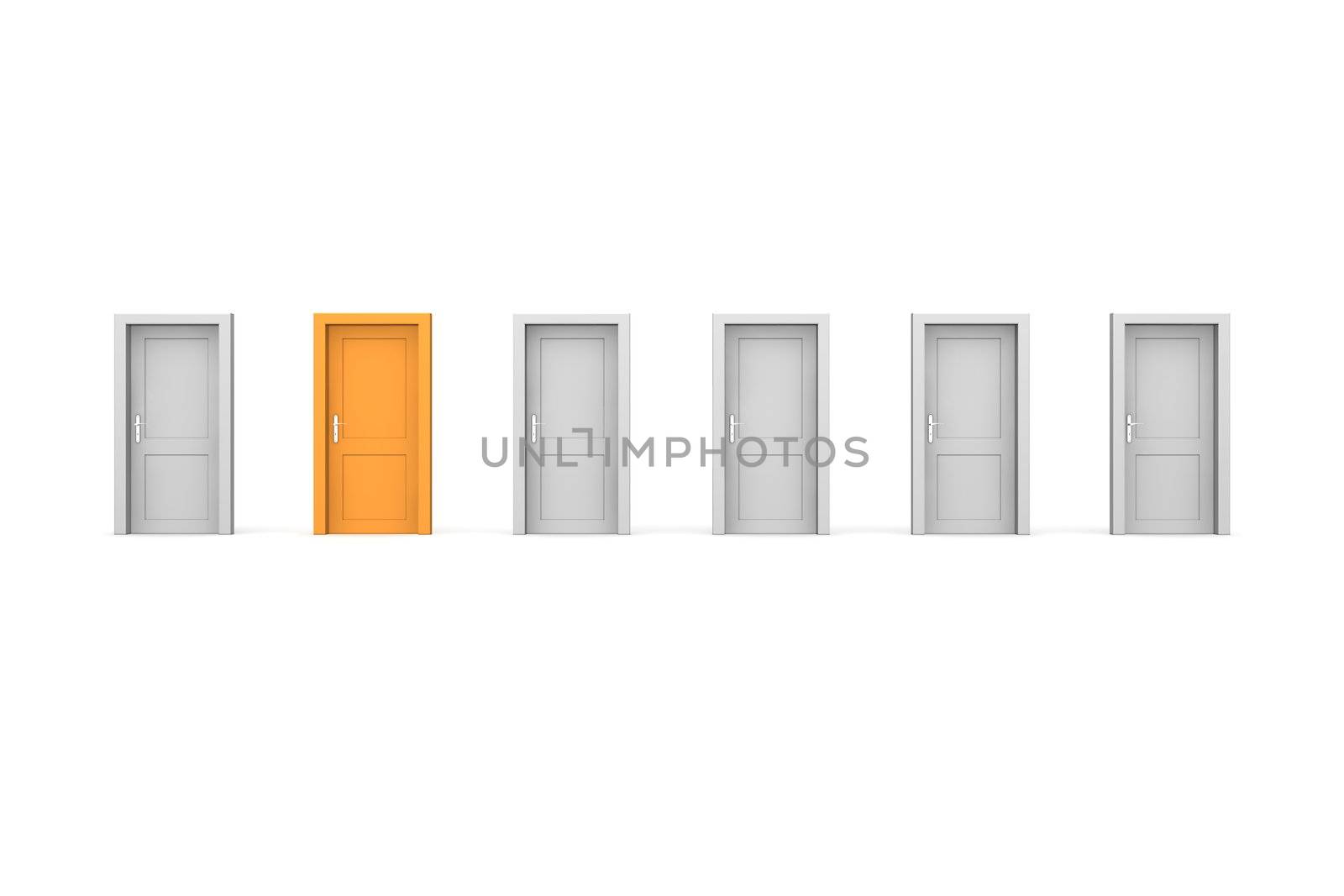 line of six closed doors, five grey doors, one orange door - door and door frame, no walls