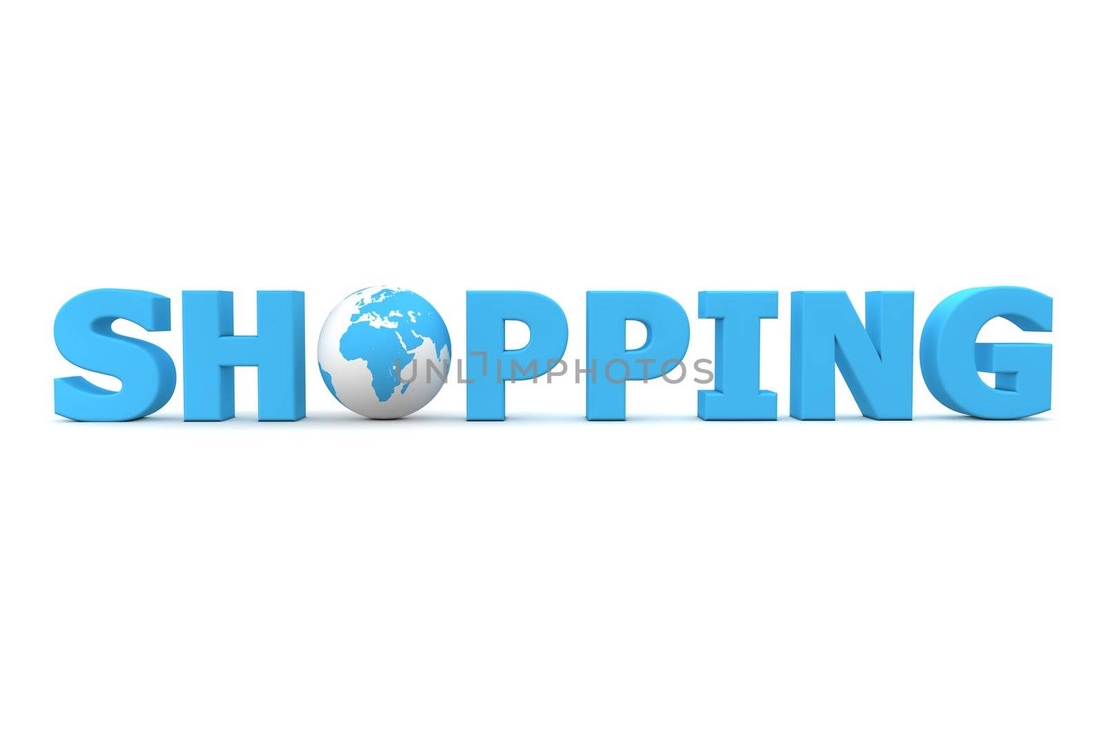 blue word Shopping with 3D globe replacing letter O