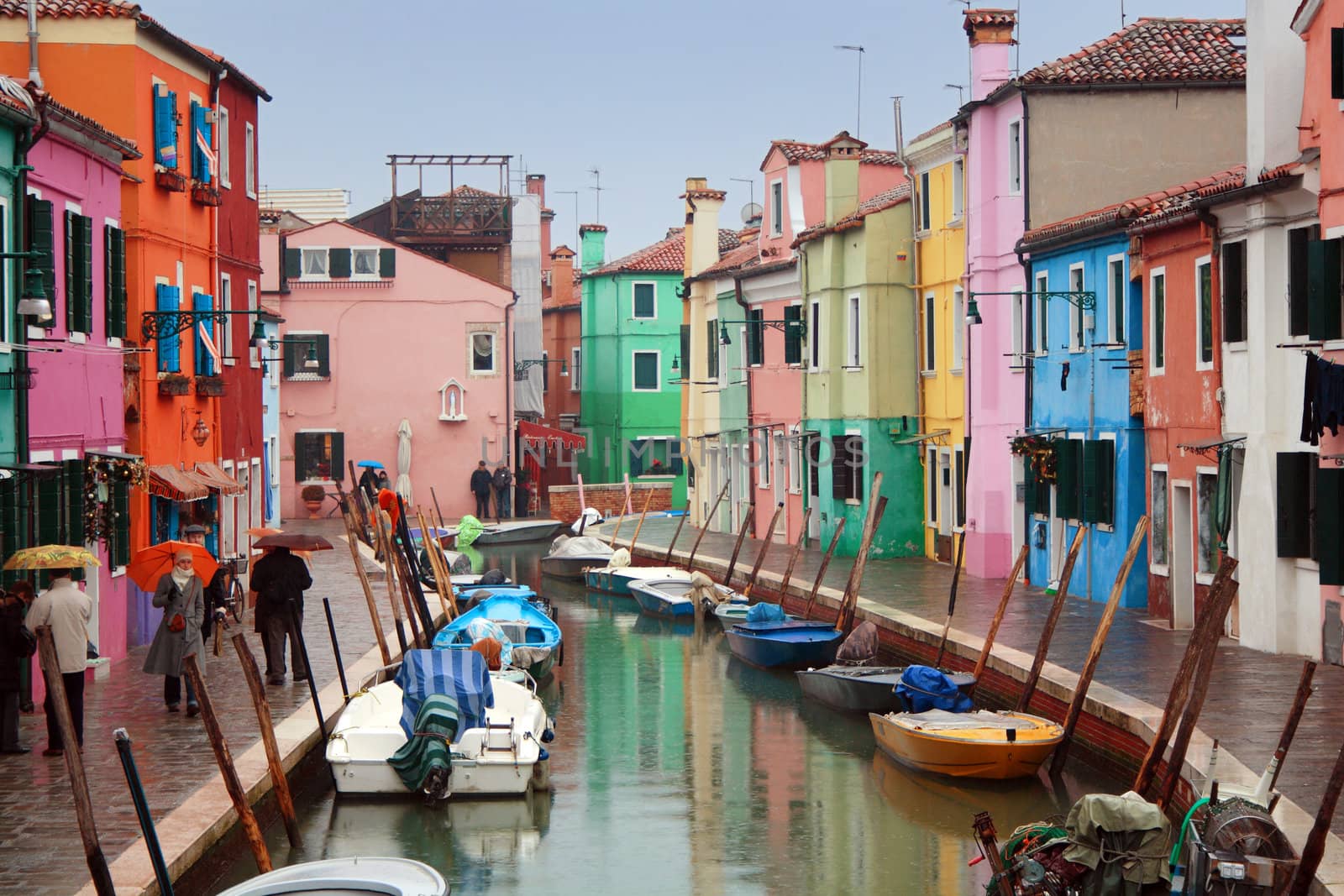 The bright pastel-coloured houses on Burano Island in the north of Venice's lagoon, Italy