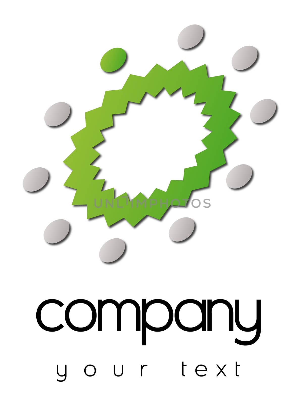 A business logo with green and grey circles around a green crown
