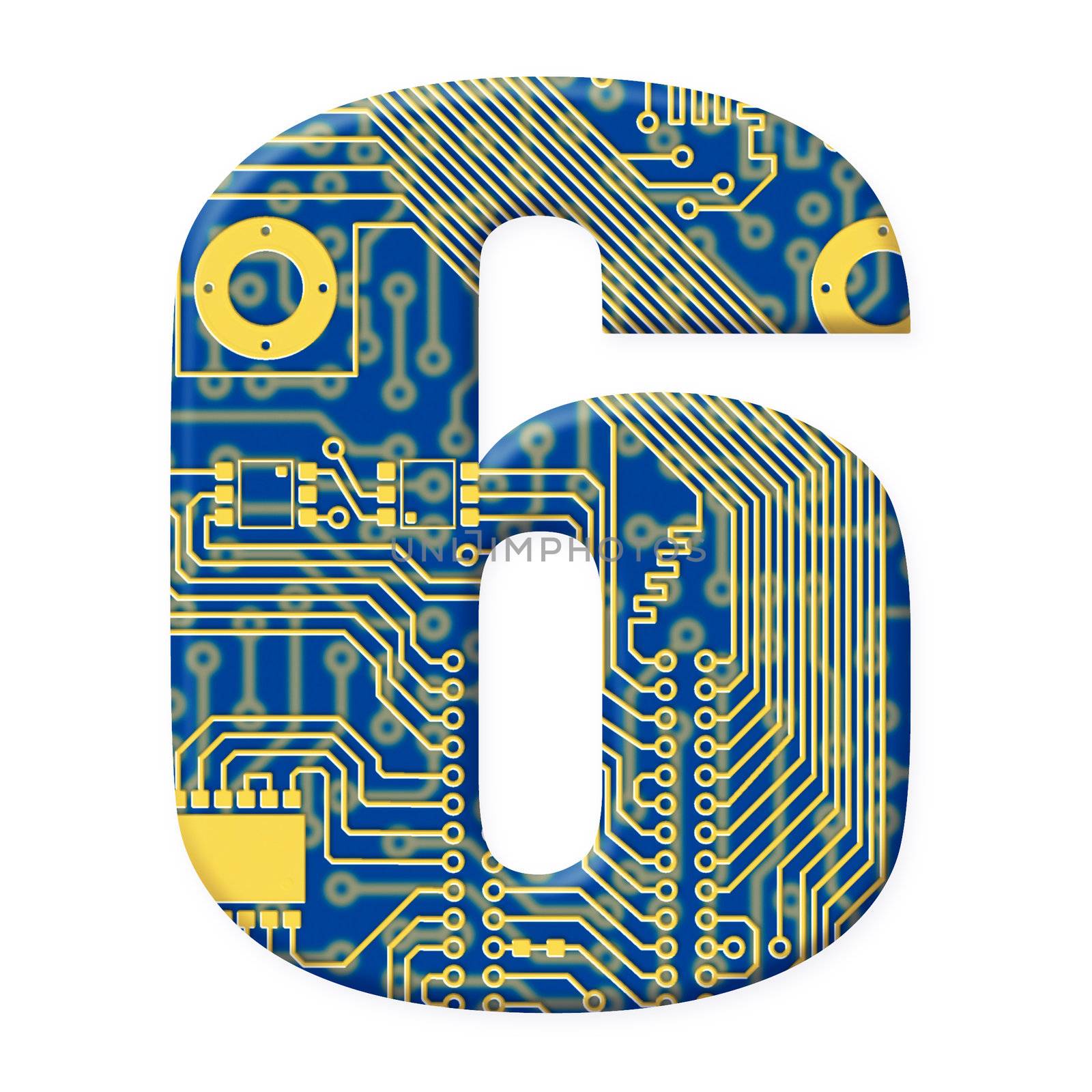 One digit from the electronic technology circuit board alphabet on a white background - 6