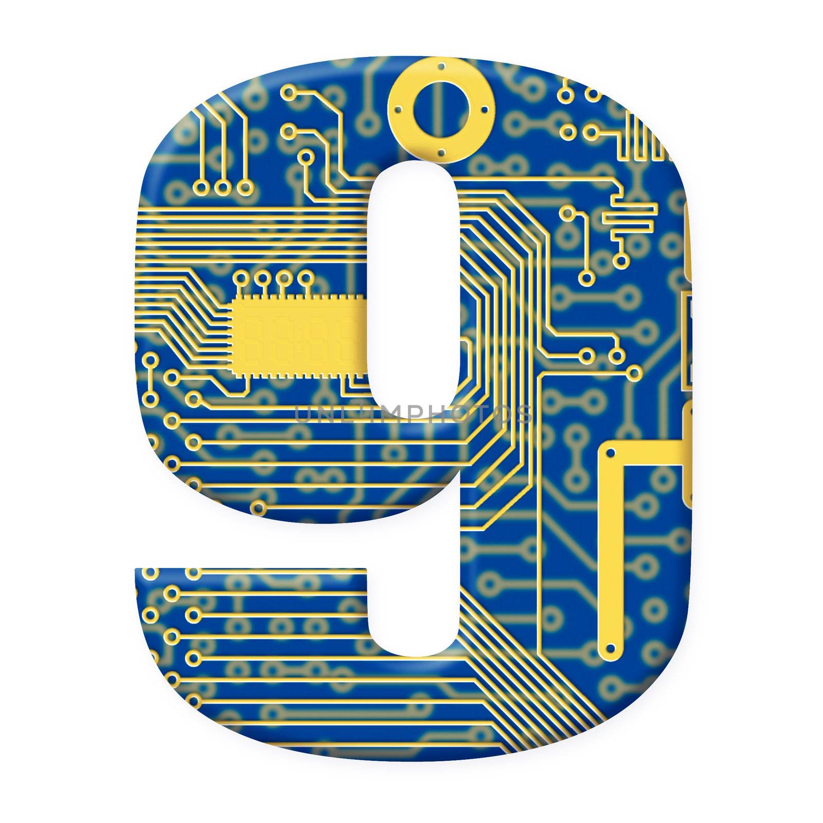One digit from the electronic technology circuit board alphabet on a white background - 9