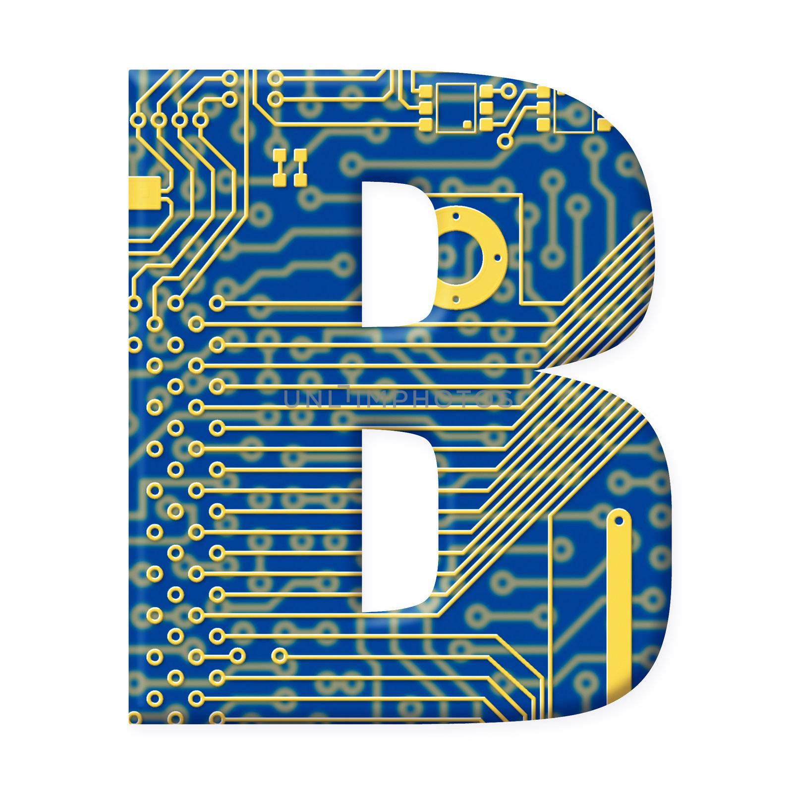 One letter from the electronic technology circuit board alphabet on a white background - B