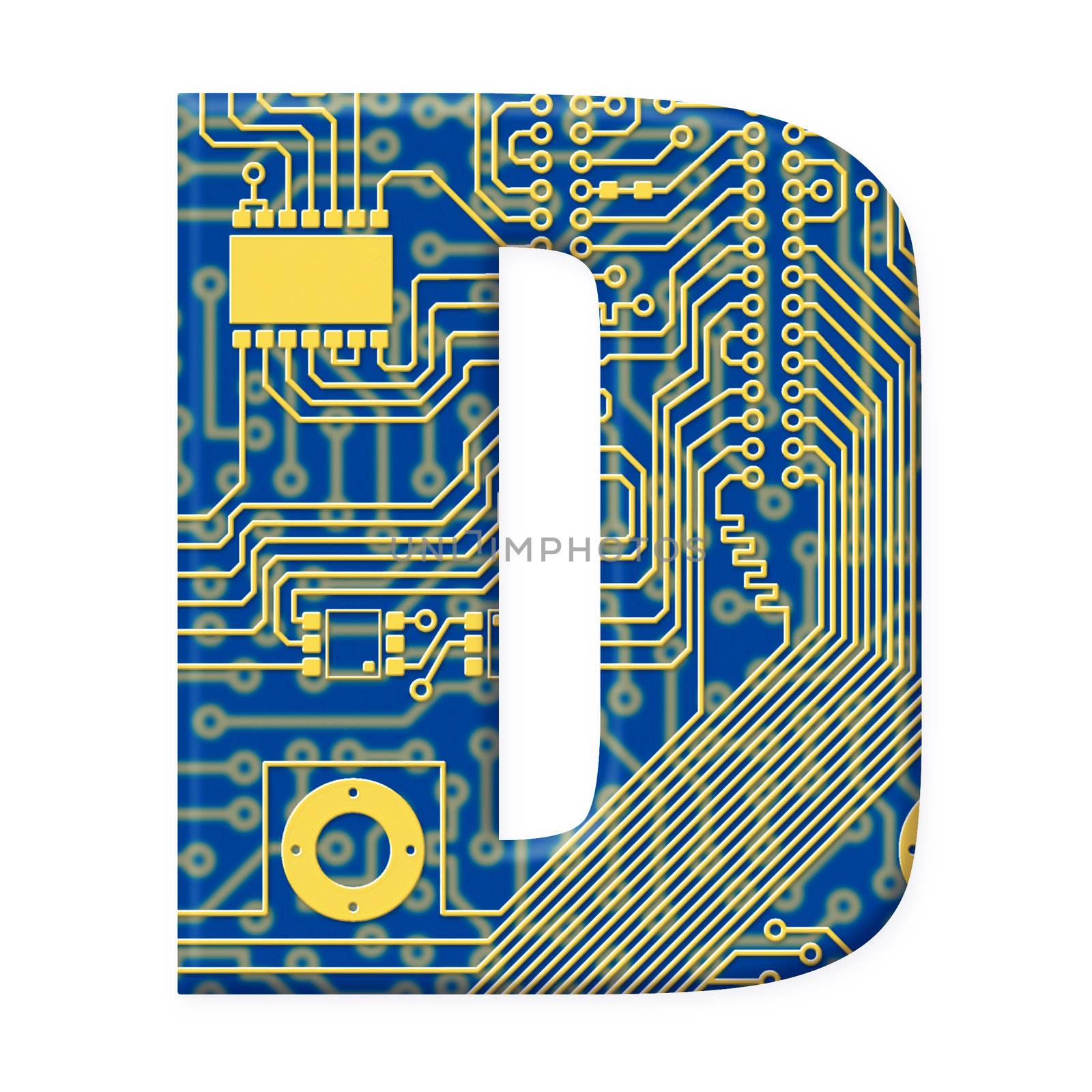 One letter from the electronic technology circuit board alphabet on a white background - D