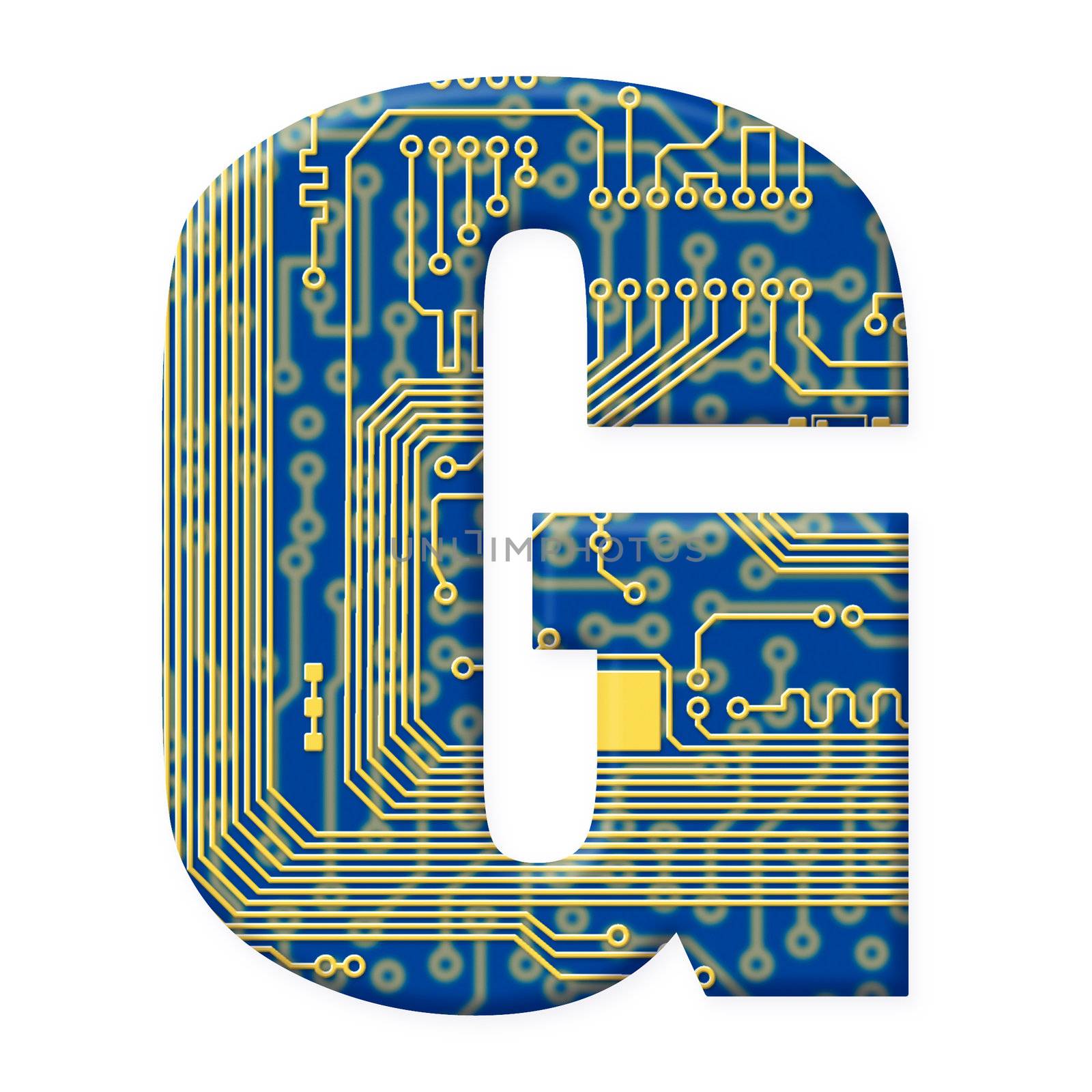One letter from the electronic technology circuit board alphabet on a white background - G