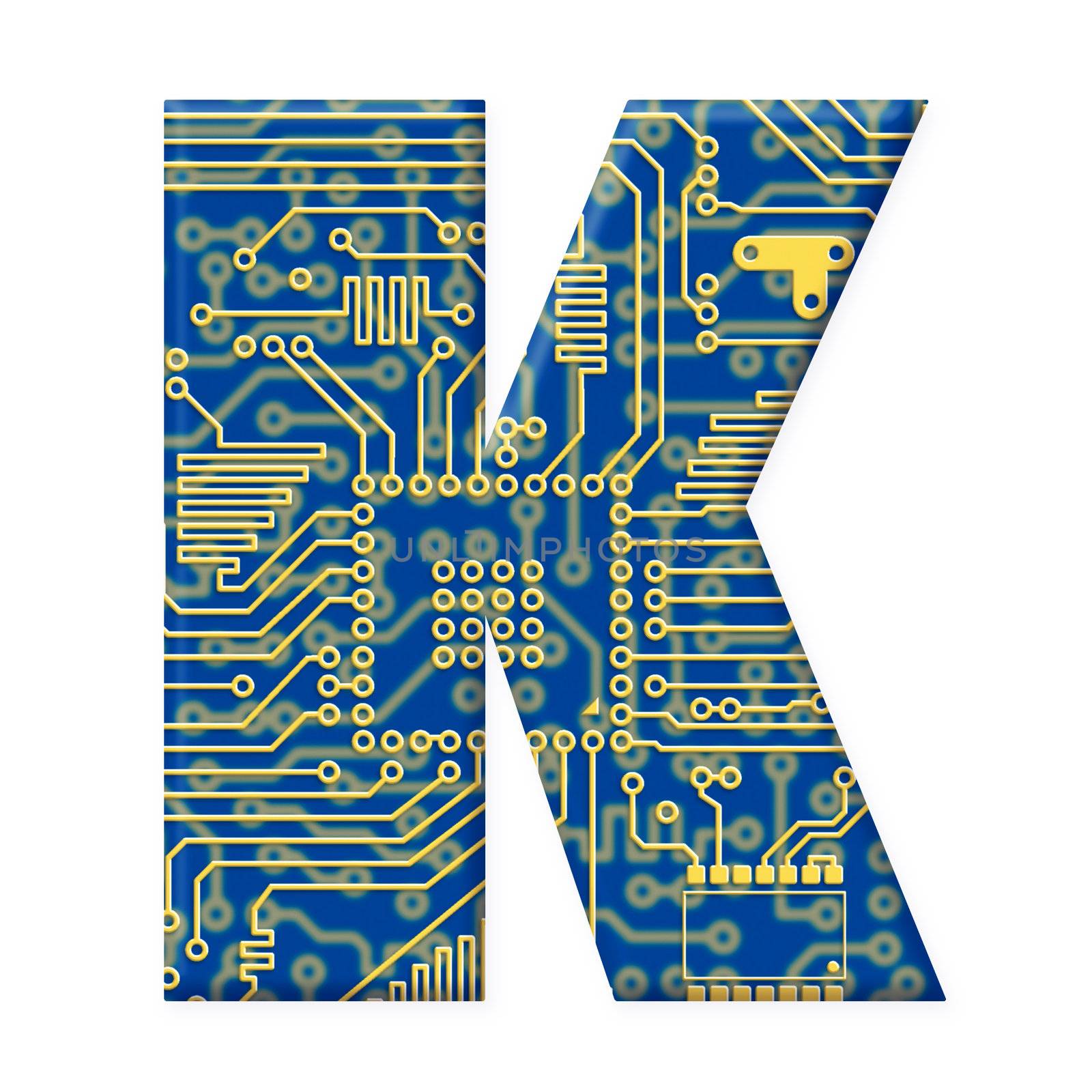 One letter from the electronic technology circuit board alphabet on a white background - K