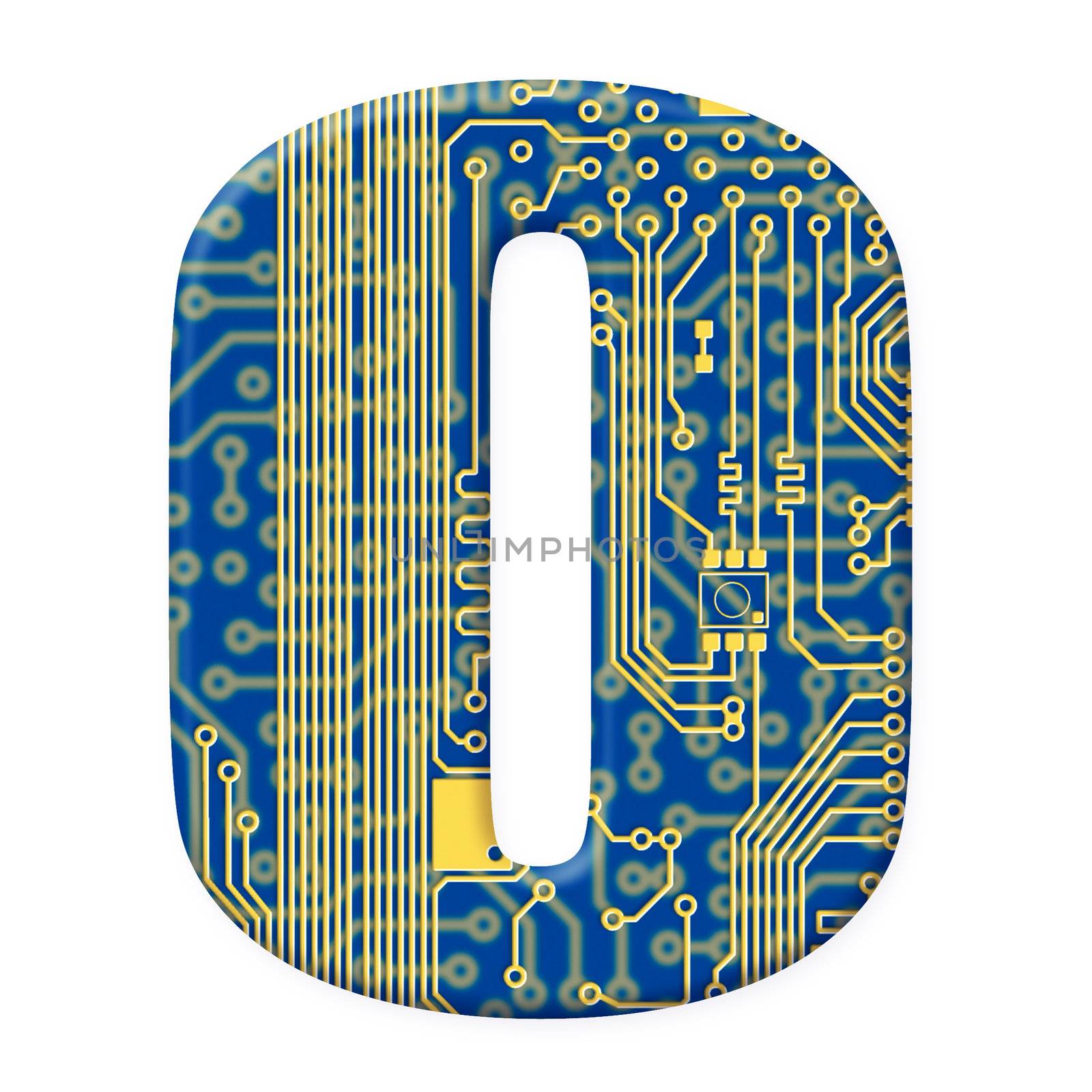 One letter from the electronic technology circuit board alphabet on a white background - O