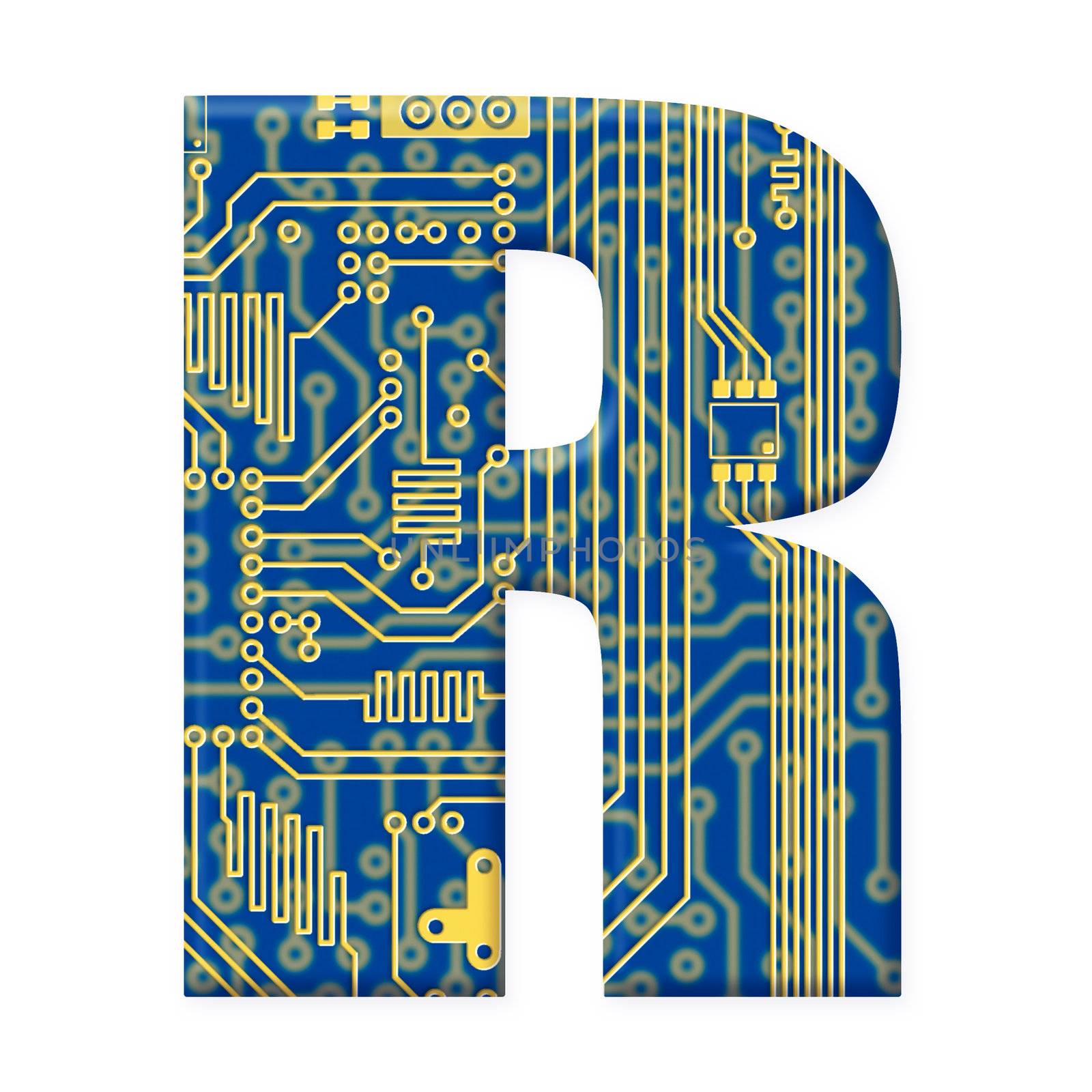 One letter from the electronic technology circuit board alphabet on a white background - R