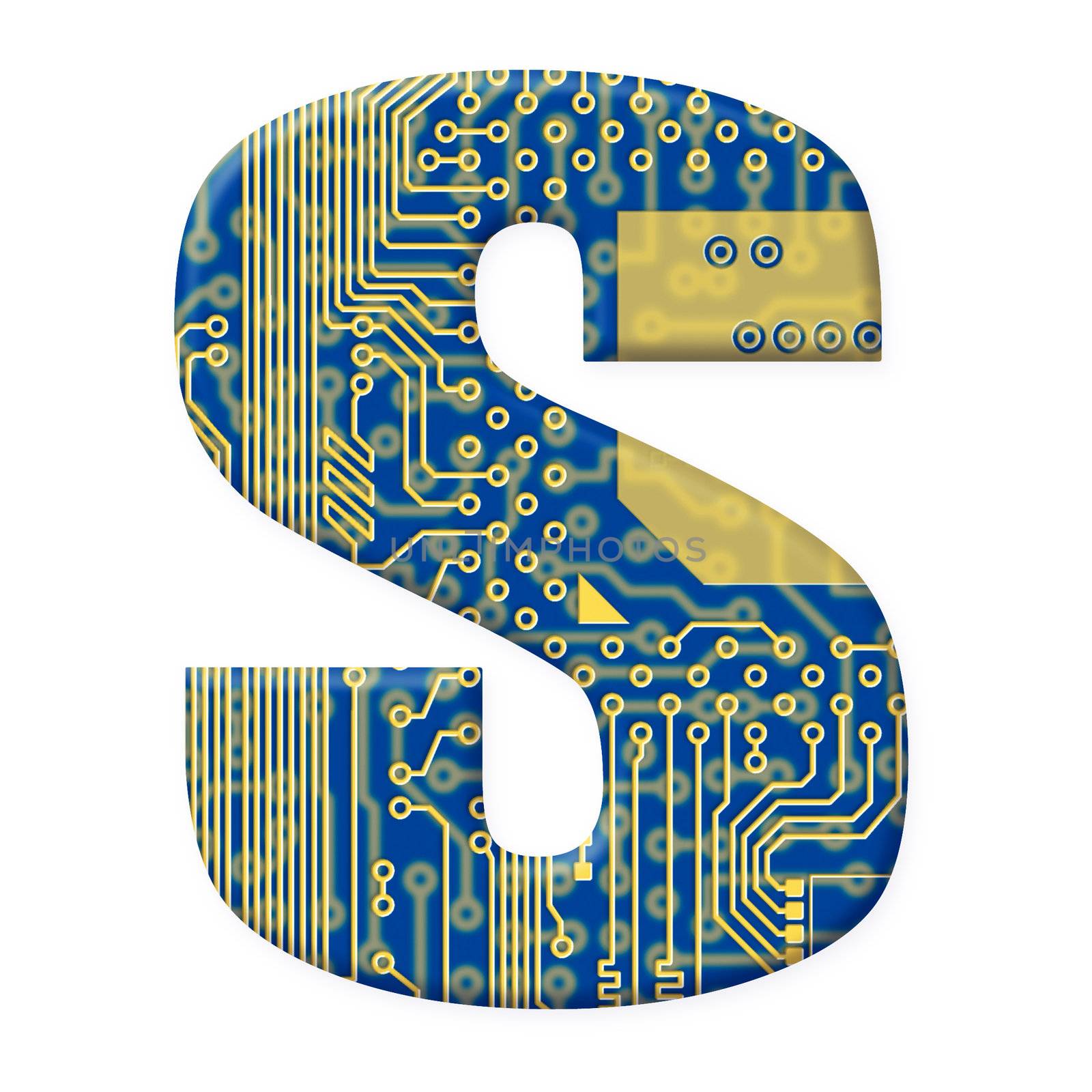 One letter from the electronic technology circuit board alphabet on a white background - S