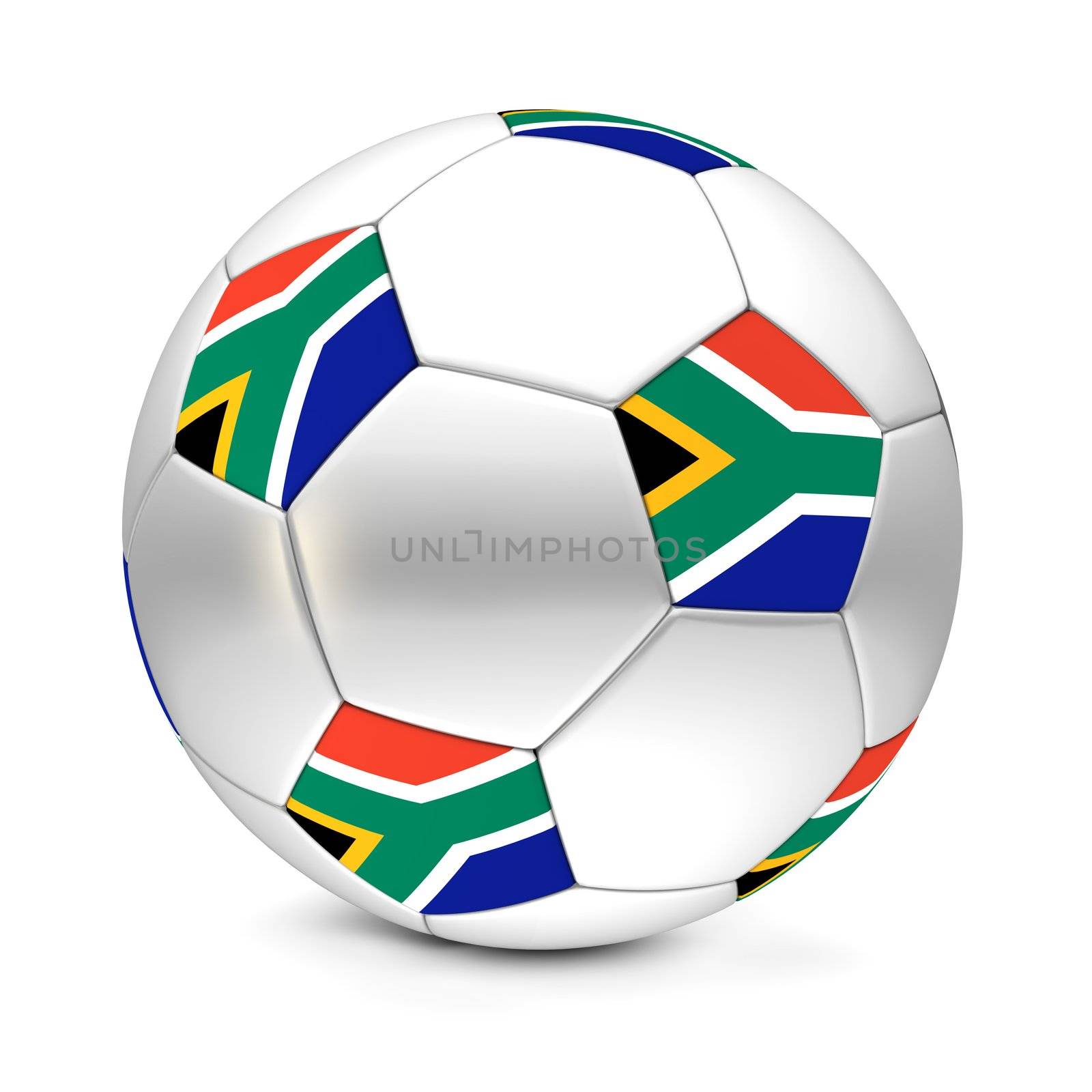 classic football/soccer ball consisting of silver metallic hexagons and pentagons with the flag of South Africa
