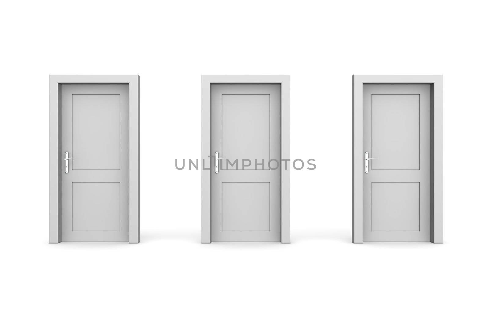 line of three grey doors - door and door frame, no walls - all doors closed