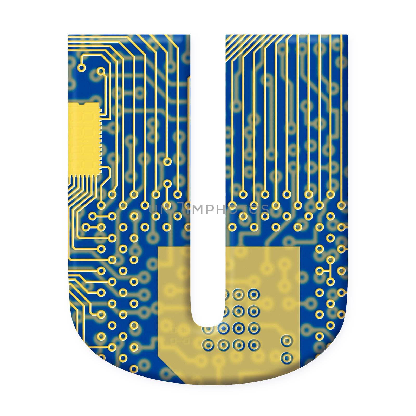 One letter from the electronic technology circuit board alphabet on a white background - U