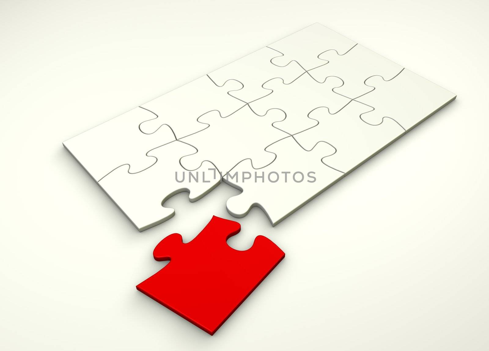 white puzzle with a separate red piece next to it