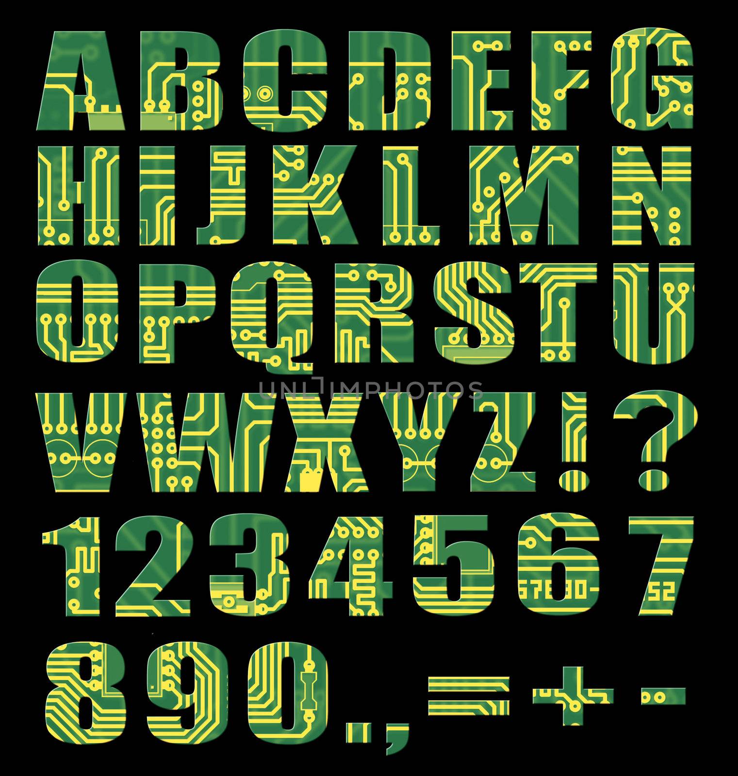 Electronic alphabet with letters and digits from circuit board on black background