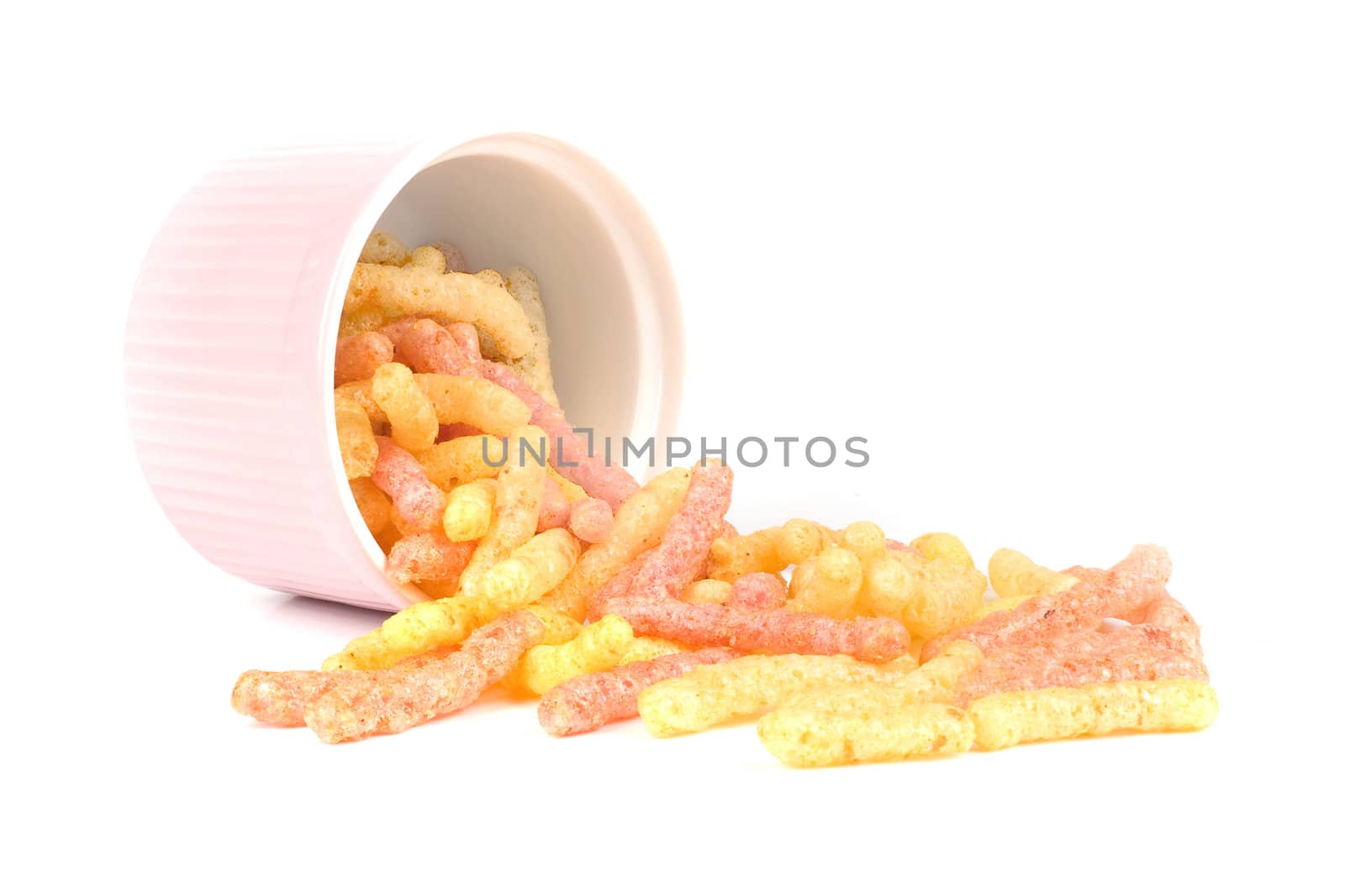 delicious potato chips in pink bowl against white