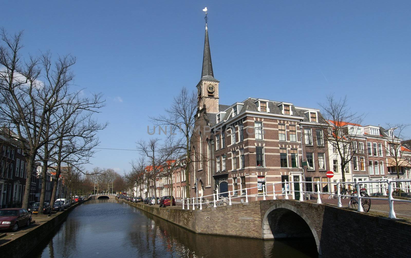 Canal and church in the old part of Delft