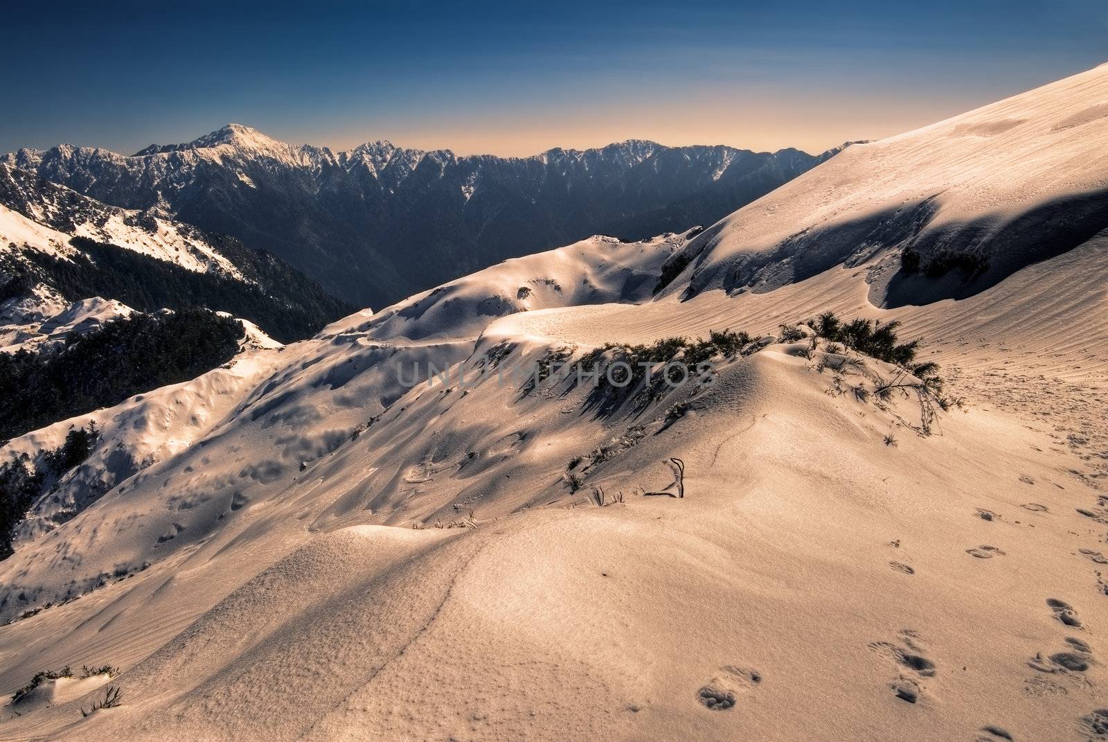 Landscape of snow mountain with blue sky and yellow slop.