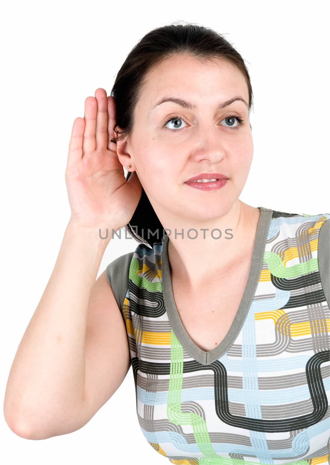 I listen to you! The young woman on a white background.