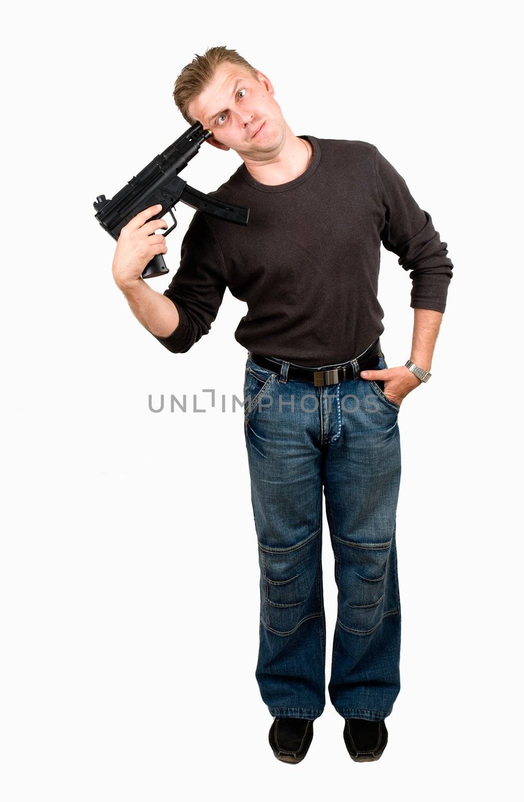 Suicide. The mad guy with submachine gun on a white background.