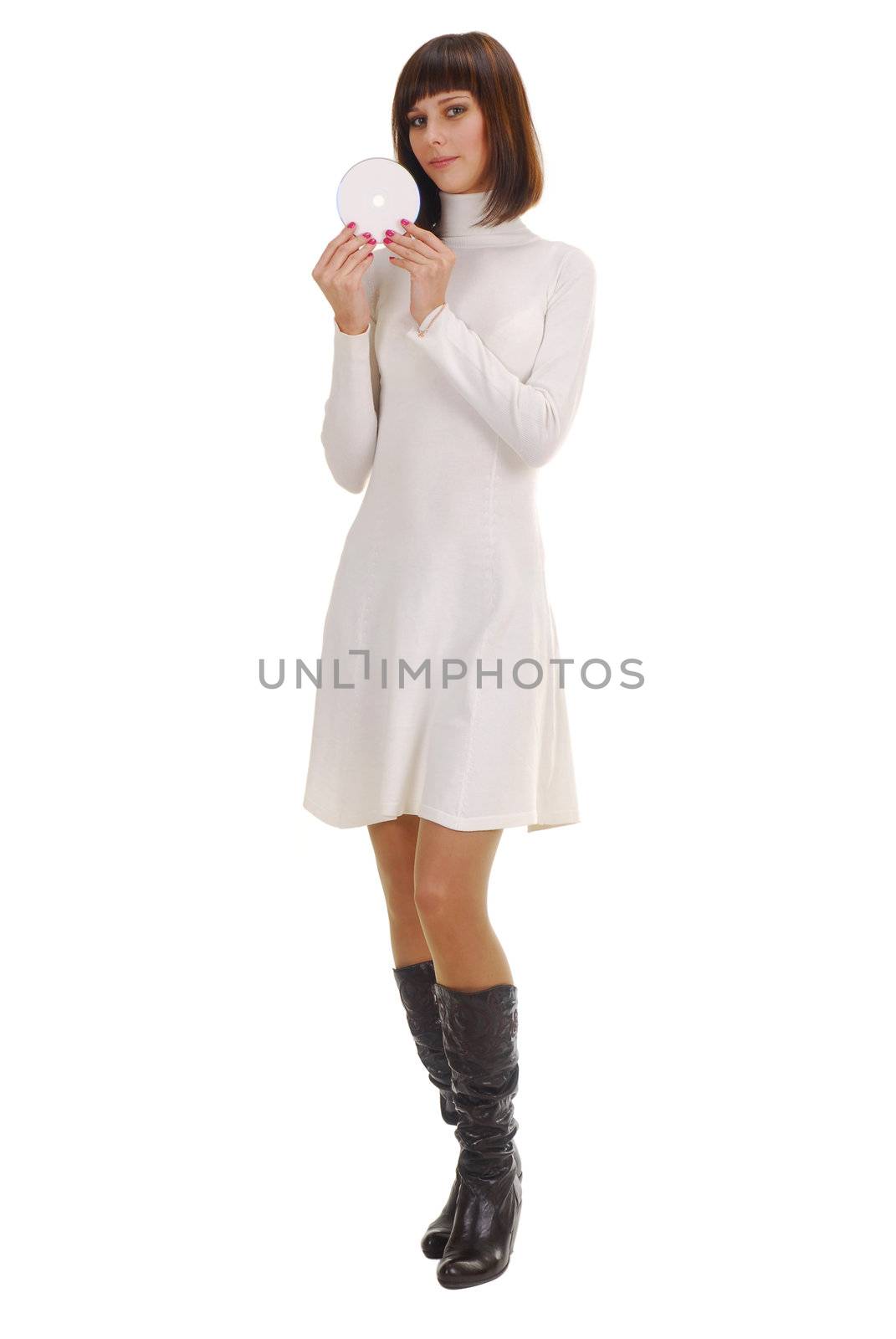 Young woman in white dress with white disk on white background