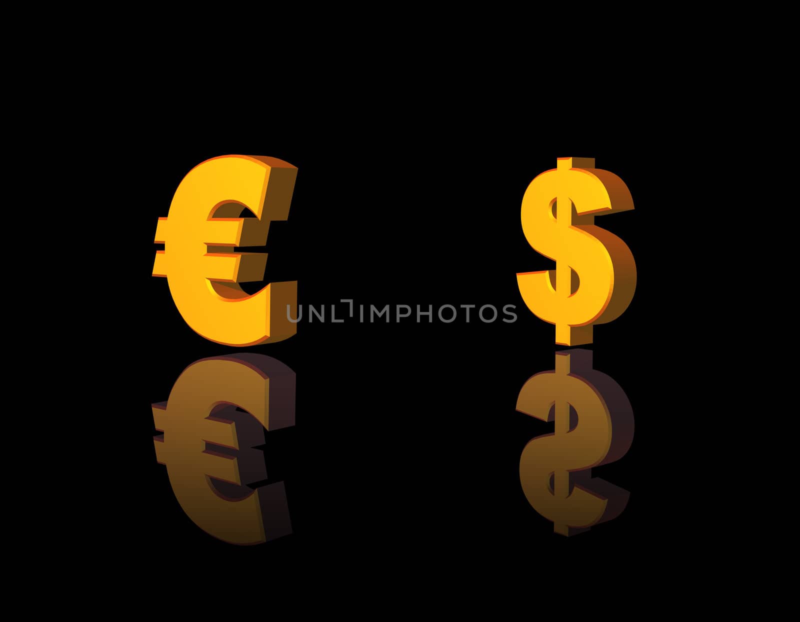 golden dollar and euro symbol on black background - 3d illustration