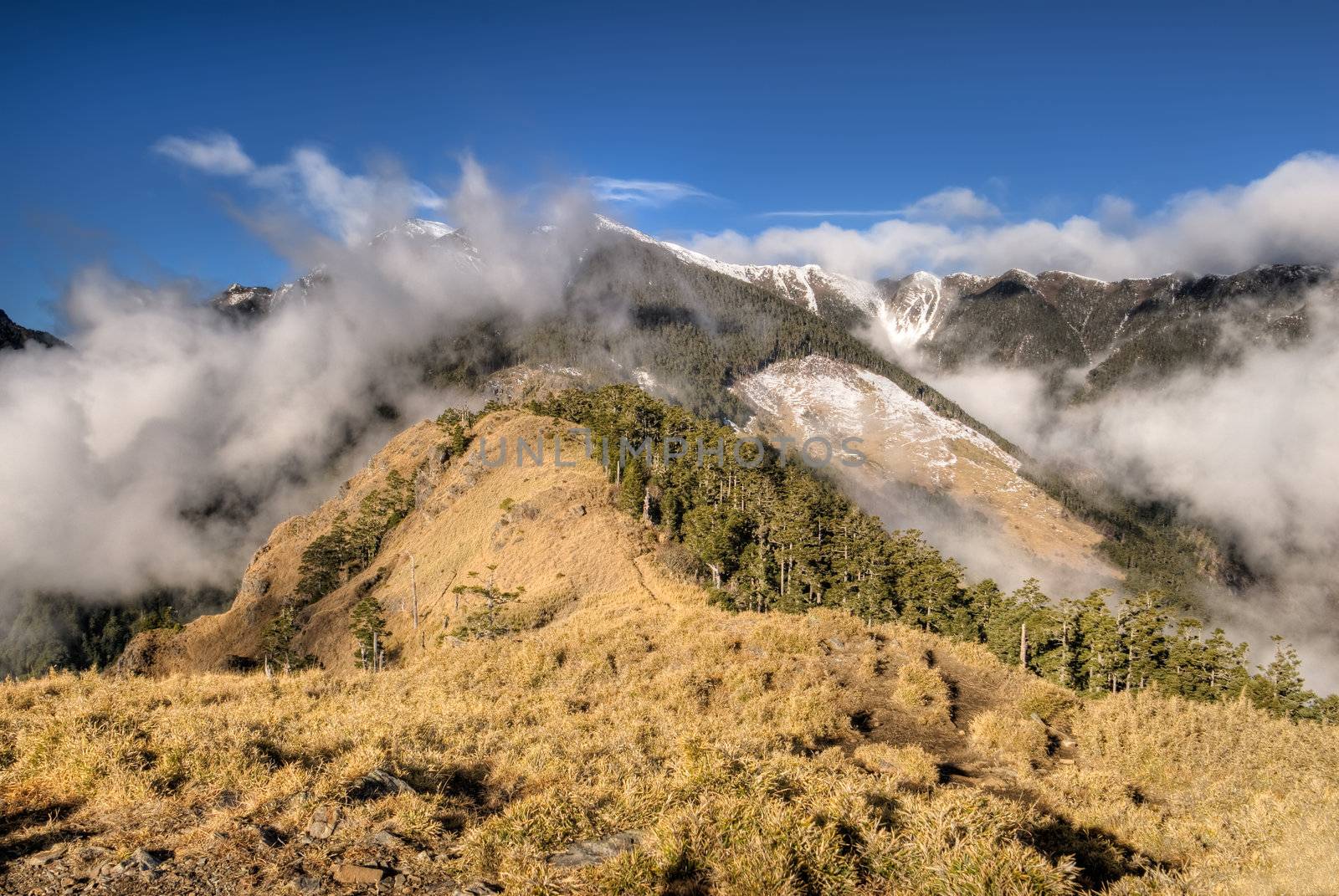 Dramatic landscape of mountain with white beautiful clouds and yellow grassland against blue sky.