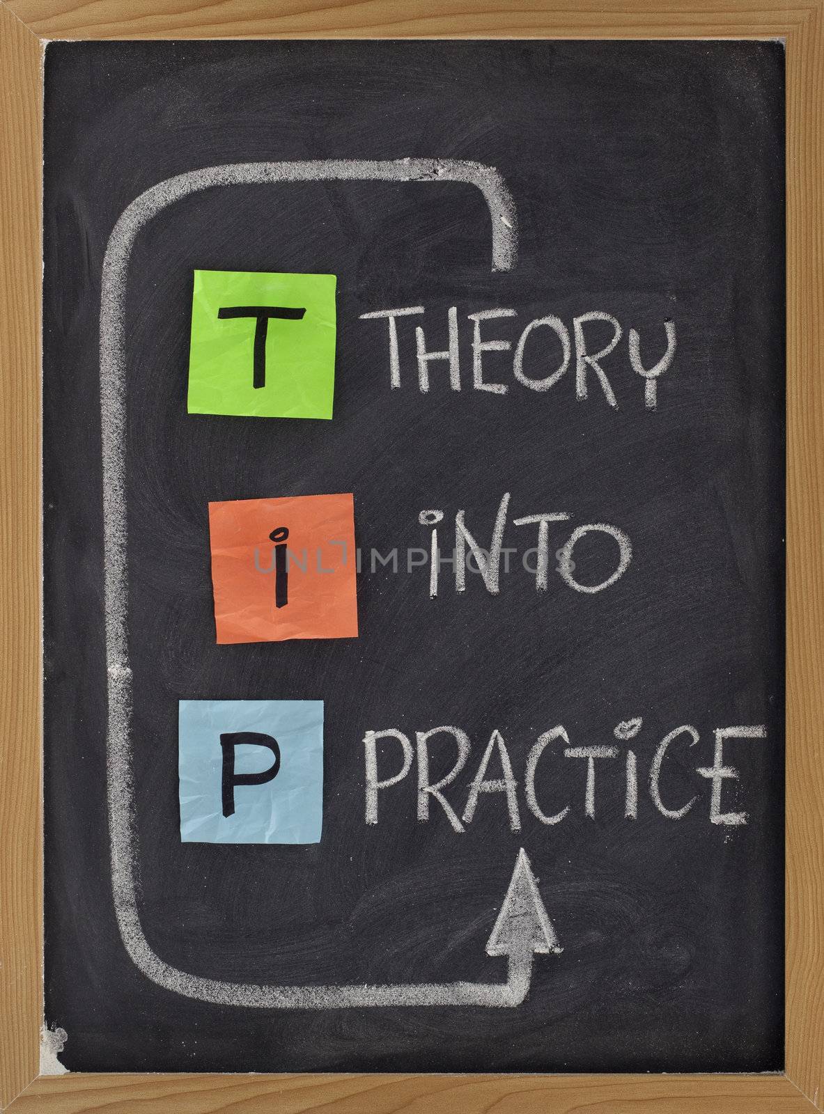 TIP - theory into practice concept, colorful reminder notes and white chalk handwriting on blackboard