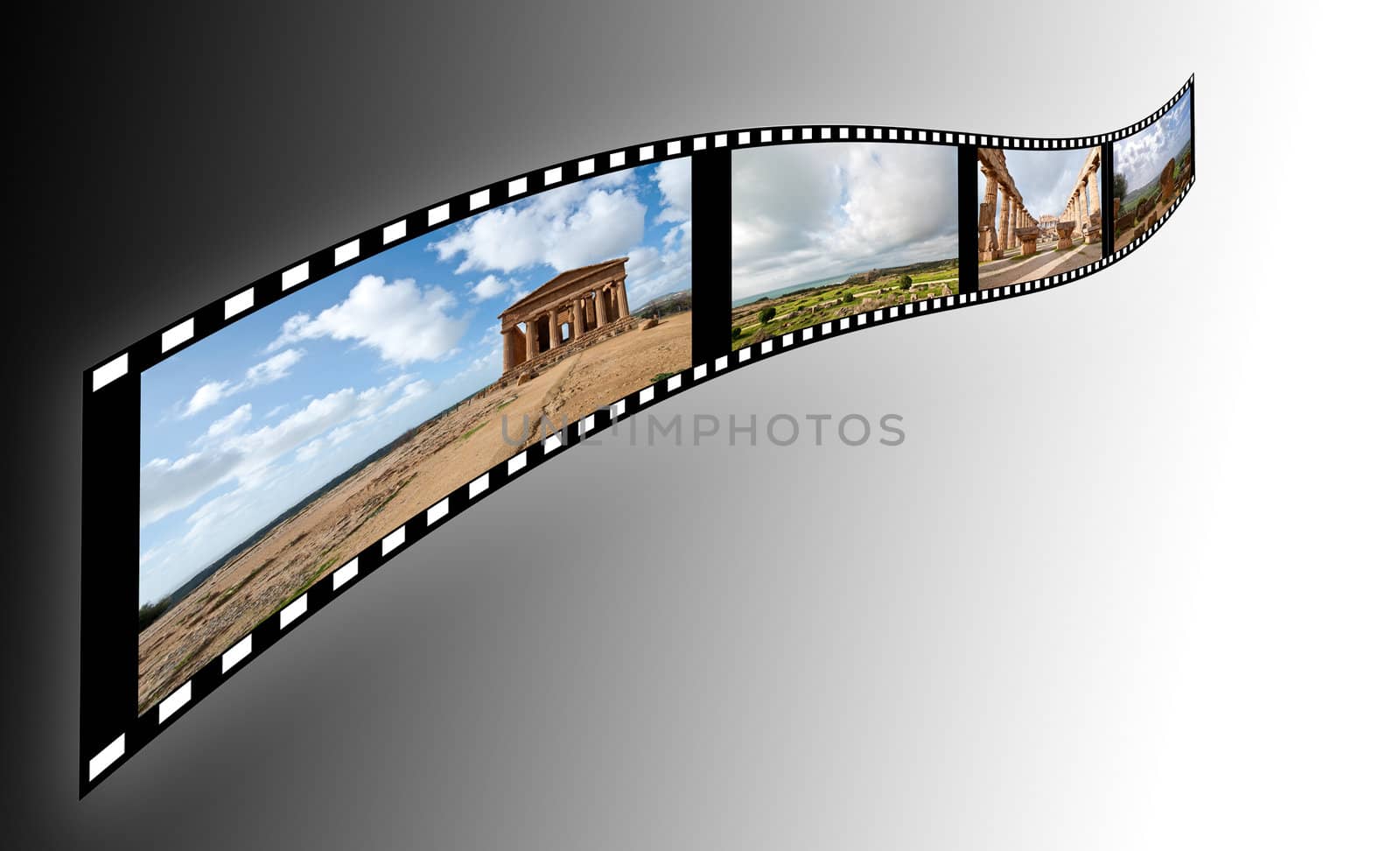 film with pictures of the Valley of the Temples in Sicily on a soft background