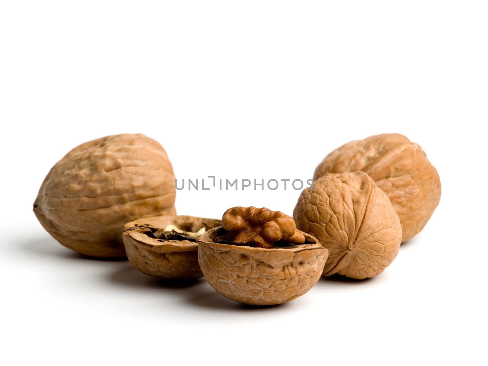 Walnuts close up on white background.