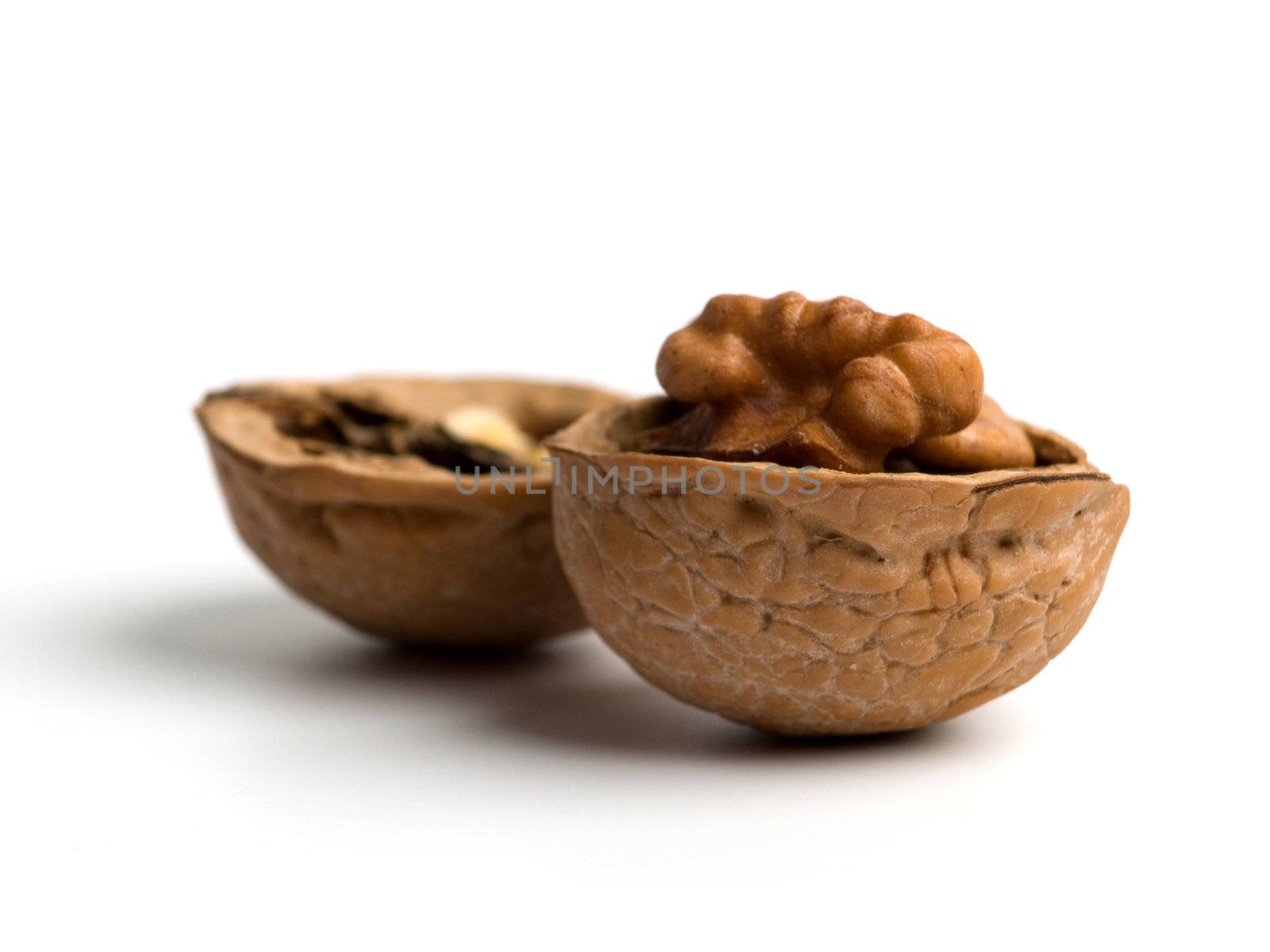 Single opened walnut close up on white background.