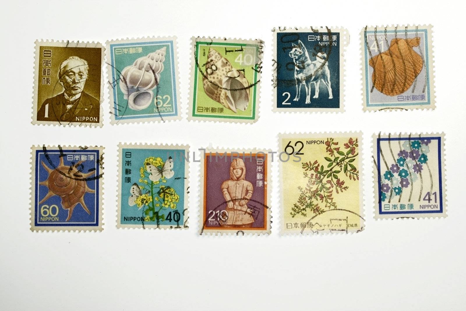Collectible stamps from japan  Colorful historic stamp collection.
