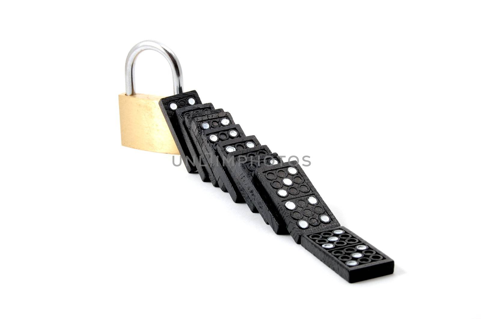 some dominos and a padlock for security isolated on white background