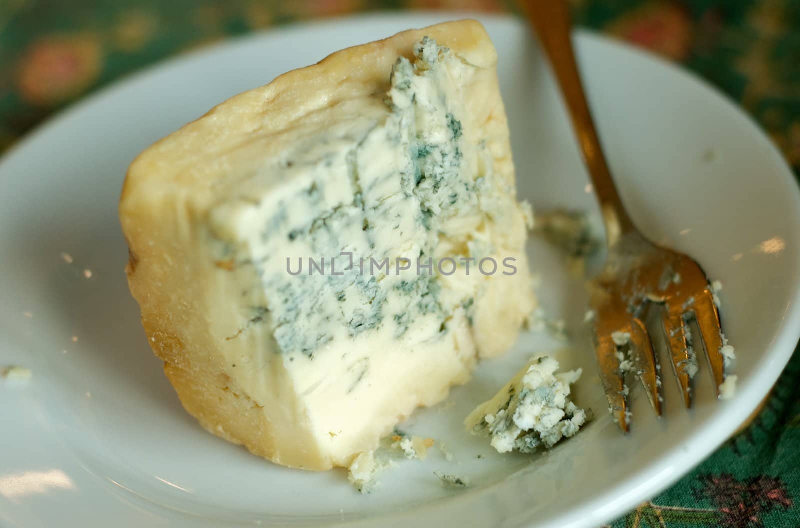 A tasty looking hunk of bleu cheese on a plate