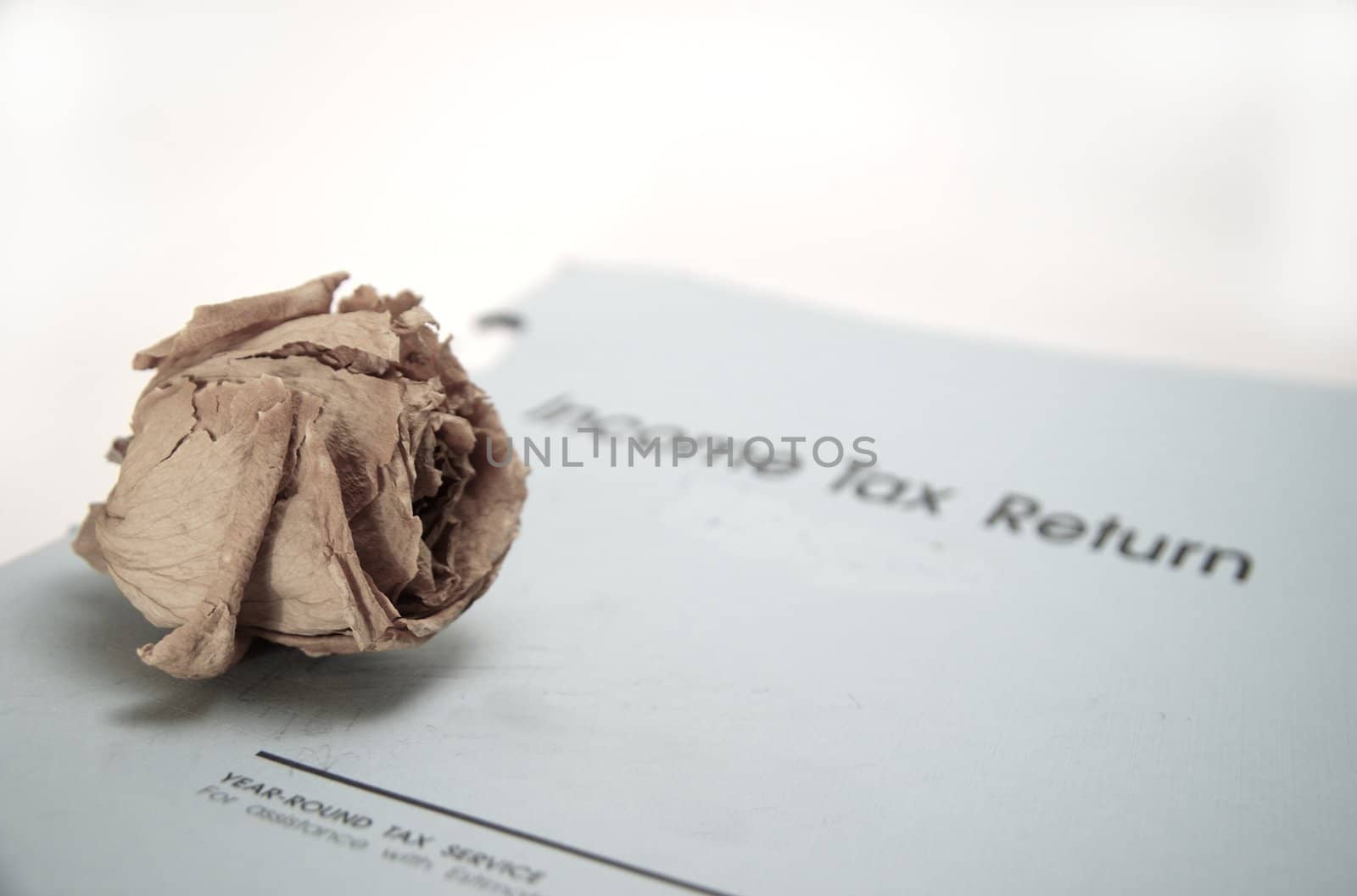 A decaying rose sits on an income tax return, symbolising the saying "as certain as death and taxes"