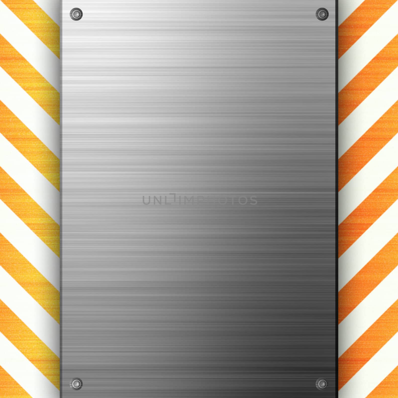 A riveted 3d brushed metal plate on a construction hazard stripes background.