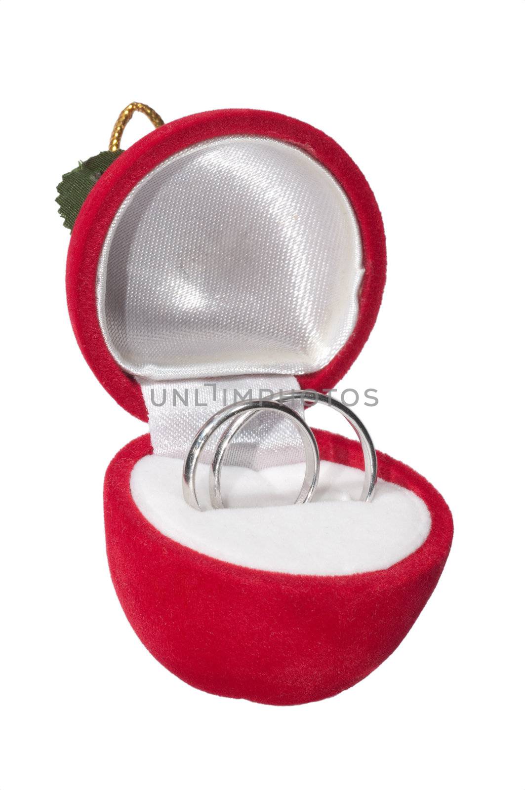 Wedding rings in velvet box isolated on white background 